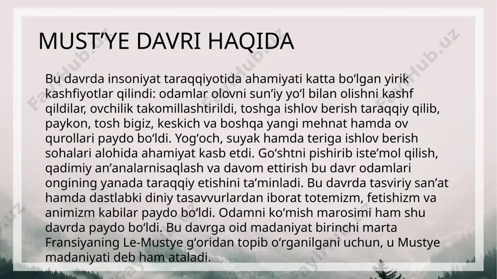 lar orasida paykonlar, qirg‘ichlar, tosh pichoqlar va chopqilar bor. teshiktoshdan topilgan mehnat qurollarining aksariyati qirquvchi va tarashlovchi vazifalarni bajargan. bunga misol tariqasida rapidasimon nukleuslarni ko‘rsatish mumkin. teshiktosh g`ori g‘orda gulxan o‘rinlari ham aniqlangan. olov inson uchun juda zarur bo‘lgan, chunki muzlik davridagi iqlimning o‘zgarishi natijasida o‘rta paleolit er yuzida eng sovuq davrlardan biri bo‘lgan. olov odamlar jamoasi hayotida muhim o‘rin tutgan. u odamlarni birlashtirgan. gulxan atrofiga ovlangan va terib olingan mahsulotlar keltirilgan. bu erda ovqat tayyorlangan. hayvonlar olovdan qo‘rqqanligi sababli odamlarga hamla qila olmagan, odamlar bundan foydalanishgan. gerasimov mixail mixailovich teshiktosh topilmalari teshiktosh oʻzbekistondagi arxeologik qoʻriqxonadir. boysuntogʻ tizmasidagi gʻorda joylashgan. teshiktosh neandertallar qoldiqlari topilgan eng sharqiy nuqta hisoblanadi. teshik-tosh qazilmalarida 8-9 yoshli neandertal qiz suyaklari topilgan. tadqiqotlar bu suyaklarning yoshi 70 ming yil ekanligini koʻrsatdi. teshiktosh topilmalari teshiktosh odami - teshiktosh g`oridan topilgan neandertallar vakilining suyak qoldigʻi. a. p. okladnikov oʻrgangan (1938—39). koʻpgina tadqiqotchilarning fikricha, teshiktosh odami suyak qoldiqlari 8—9 …
