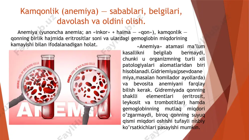 mal darajasi turlicha bo’lishi mumkin. rang ko’rsatkichi bo’yicha. rang ko’rsatkichi (rk) eritrositning gemoglobin bilan to’yinganligini ko’rsatadi. odatda, erkaklar va ayollar uchun uning me’yoriy ko’rsatkichi 0,86-1,1 ga tengdir. ko’rsatkichga qarab, quyidagilar ajratiladi: gipoxrom gipoxrom — rk 1.1: vitamin b12 yetishmasligi; foliy kislotasi yetishmasligi; mielodisplastik sindrom. og’irlik darajasi bo’yicha. gemoglobin miqdorining pasayish darajasiga qarab, anemiyaning uch turi farqlanadi: yengil — gemoglobin darajasi normadan past, biroq 90 g/l dan yuqori; o’rtacha — gemoglobin darajasi 90-70 g/l oralig’ida; og’ir — gemoglobin darajasi 70 g/l dan kamroq. suyak iligining regenerativ qobiliyati bo’yicha. bunday regeneratsiyaning asosiy belgisi periferik qonda retikulositlar (yosh qizil qon hujayralari) miqdorining ko’payishi sanaladi. bu ko’rsatkich normada 0,5-2 foizni tashkil etadi. aregenerator (masalan, aplastik a-ya) — retikulositlar yo’qligi bilan ajralib turadi; giporegenerator (vitamin b12 va temir tanqisligi a-ya) — retikulositlar 0,5% dan past; normoregenerator yoki regenerator (post-gemorragik) — retikulositlar soni me’yorda (0,5-2%); giperregenerator (gemolitik a-ya) — retikulositlar soni 2% dan ortiq. patogenetik tasnif. …