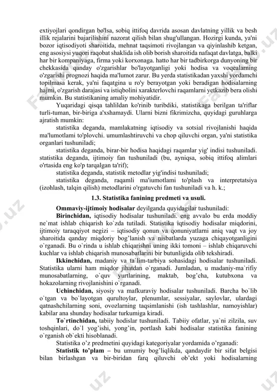 bir davlatda diqqatga sazovor bo'lgan faktlar (ro'y bergan hodisa va voqealar) haqida so'zlab beruvchi fandir. yangi fan o'z oldiga davlat holatini ta'riftash, tasvirlash yoki ro'yxatga olishni vazifa qilib qo'ydi. asosiy maqsad, boshqaruvchi sinf vakillarini alohida davlatlarda boshqaruv metodlari va ularning boyligi bilan tanishtirishdan iborat edi. bu tamoyil, g. konringni germaniyada juda mashhur va dongdor ma'ruzachiga aylantirdi. 1749-yilda gettigenda xalqaro huquq va statistika professori g. axenval c'oavlatshunoslik" fanini nazariyachilari orasida eng ko' zga ko' ringan olimlardan bir "davlatshunoslik" fanining "statistika" (iotincha "status" so'zidan olingan bo'lib, hodisalaming holatini, ahvolini bildiradi. "status" so'zi negizida italyancha '·stato" - davlat, amaliy siyosat va "statista"- davlat arbobi, davlatni biluvchi so' zlari yotadi) deb atagan. ilmiy statistikaning rivojlanishi bilan bir qatorda statistika amaliyoti ham paydo bo'la boshlaydi. hayot tobora qiyinlashib borganligi sababli, davlatlar statistik organlarni tuzishga majbur bo' ladilar. birinchi davlat statistika organi 1756-yilda shvetsiyada tashkil qilingan. fransiyada 1772-yildan butun mamlakat bo'yicha aholining harakatlari to'g'risida hisobotlar tuzish …