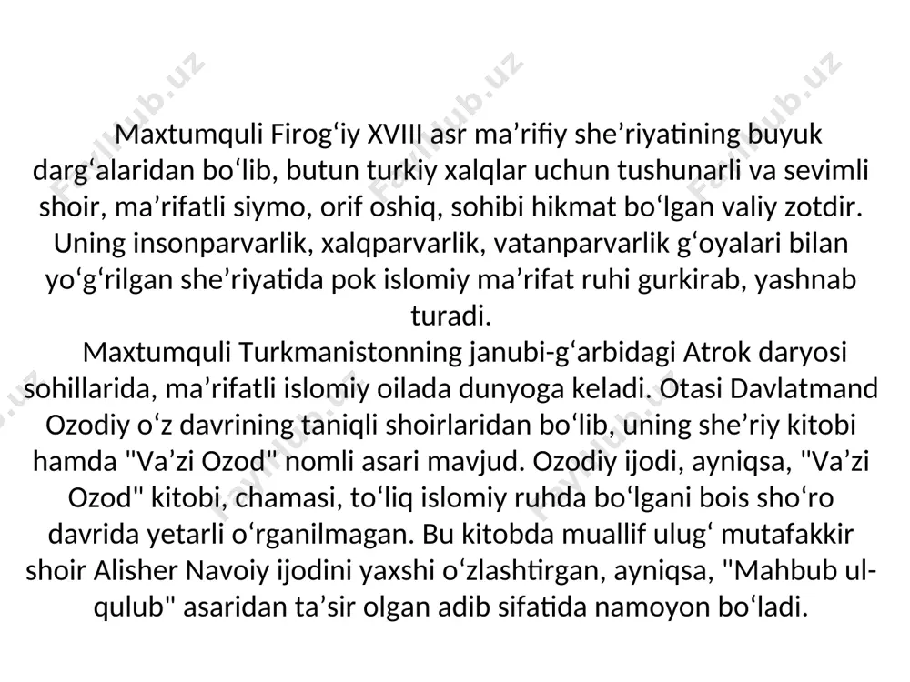 ga tojdir, nomi olamga foshdir, ikki jahon muhtojdir - arab zabonni ko‘rsam, - deyishiga ko‘ra, madinai munavvarada hazrati payg‘ambarimiz(s.a.v.)ning muborak ravzalarini ziyorat qilmoq niyatida ekani, yana: "iymonim yo‘ldosh bo‘lsa, borsam,ka’bani ko‘rsam" yoki: "niyatim ka’badir, xayolim hajdir, ixlosim bor haj tavofin etmoqqa", deyishiga qaraganda, muborak haj ibodatini ado etmoqni niyat qilganligi anglashiladi. maxtumquli o‘z davrida bosqinchilar zulmi ostida qolgan xalqni birlashtirishga, yurtni tashqi va ichki dushmanlardan ozod etishga o‘z iste’dodi bilan harakat qildi. shoir yozadi: ustimizdan dushman hukm suribdur, mo‘min bari jabru jafo ko‘ribdur, o’g‘il-qizni xor o‘rniga beribdur, xatarlar ul joydan surilsin endi!.. boshqa she’rida esa shoir el-yurt ahvolining kundan-kunga yomonlashib borayotganidan, chamandek vatan tikanzorga aylanayotganidan faryod chekadi: naylayin, kun kundan yomon, el yurtimni tutdi tuman, marg ostida ajab chaman, boq, bu kun ul xorga do‘ndi... maxtumquli she’riyati – nurli she’riyat. maxtumqulining ijodi qur’oni karim, hadisi shariflarga, tasavvuf ta’limoti, valiylar hikmatiga hamda alloh o’z huzuridan ato etgan ilmi laduniyga asoslangan. uning …