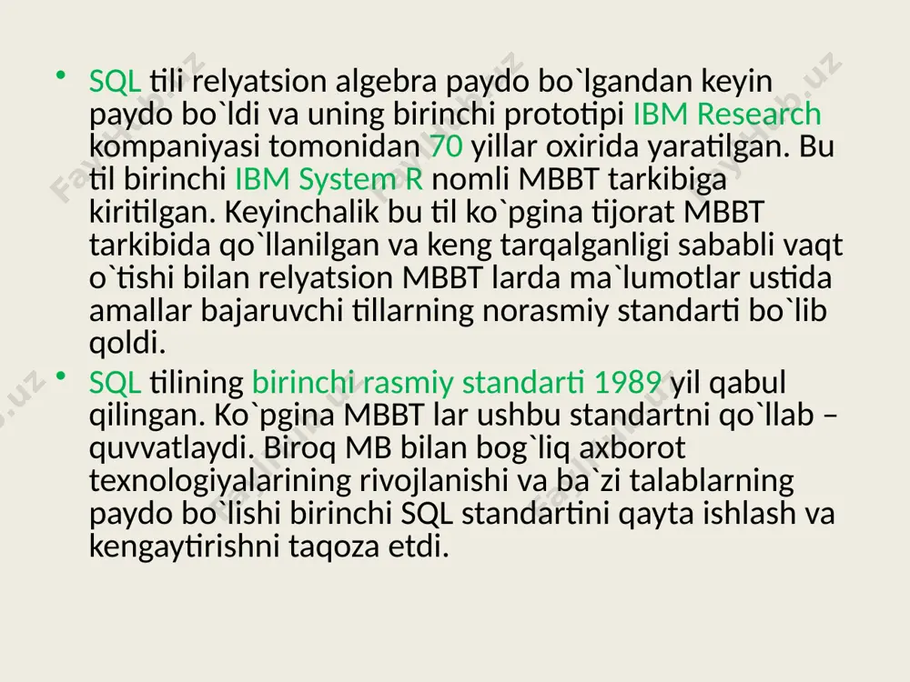 `qish va ulardan foydalanish imkonini beradi. 3. ma`lumotlarni qayta ishlash. sql foydalanuvchiga yoki dasturga mb ni o`zgartirish, ya`ni unga yangi ma`lumotlar qo`shish, mavjud ma`lumotlarni o`zgartirish va o`chirish imkonini beradi. 4. mbni himoyalash. sql yordamida mb foydalanuvchilarini, undagi ma`lumotlarni o`qish va o`zgartirish imkoniyatlarini chegaralab qo`yish mumkin. bu orqali ruxsat berilmagan foydalanuvchilardan axborotlar himoyalanadi. 5. ma`lumotlardan birgalikda foydalanish. sql ma`lumotlardan birgalikda foydalanishni koordinatsiya qiladi, bu esa paralel ishlayotgan foydalanuvchilar bir-birlariga xalaqit bermasdan mb dagi ma`lumotlardan foydalanishlari imkonini beradi. 6. ma`lumotlar yaxlitligini ta`minlash. sql mb ni yaxlitligini ta`minlashga imkon beradi va unda noo`rin o`zgartirishlar qilishni oldini oladi. sql tilining vazifasi. sql tili foydalanuvchining relyatsion mb bilan muloqat qilishi uchun mo`ljallangan bo`lib, u quyidagi 3 ta qismdan iborat: ddl (data definition language) – ma`lumotlarni aniqlash tili. mb ni (jadvallarini, indekslarini va h.k.) yaratish va uning sxemasini tahrirlash uchun mo`ljallangan. dcl (data control language) – ma`lumotlarni boshqarish tili. foydalanuvchilarning mb ob`ektlariga murojaatini chegaralash operatorlaridan iborat. …