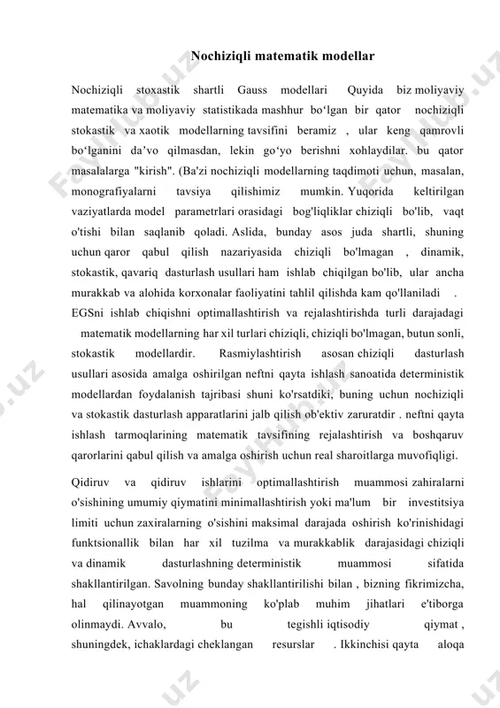 a ba'zan qavariq bo'lmagan dasturlash muammolari ekanligini tushunish oson . shuning uchun, stokastik dasturlashda stokastik muammo chiziqli yoki chiziqli bo'lmagan ekstremal muammo tomonidan yaratilganmi, odatda ahamiyatsizdir. agar siz chiziqli modellarning stokastik analoglari bilan cheklanmasangiz, stokastik dasturlash muammosining umumiy tavsifini berishingiz mumkin., bu stokastik muammolarning turli formulalarini birlashtiradi. 1-2 da chiziqli dasturlash modellari tomonidan yaratilgan ehtimollik cheklovlari bilan stokastik muammolar ko'rib chiqiladi . 1-bandda ehtimollik operatori cheklovlarning har bir qatoriga alohida-alohida, 2-da esa bir vaqtning o'zida barcha cheklovlar yig'indisiga qo'llaniladi. ikkala bo'limda biz ekvivalent deterministik muammolar konveks dasturlash muammolari bo'ladigan sharoitlarning tasodifiy parametrlarini taqsimlashni ko'rib chiqamiz . 3-bo'lim ehtimollik cheklovlari bilan umumiy bir bosqichli stokastik muammo uchun ekvivalent deterministik modellarni qurishga bag'ishlangan.umuman olganda, matematik dasturlashning chiziqli bo'lmagan modeli tomonidan yaratilgan. 4-bo'limda biz ikkita oddiy, ammo ilovalar uchun qiziqarli bo'lgan , deterministik vektorlarda echimlar aniqlanadigan stokastik muammolarning alohida modellarini ko'rib chiqamiz. 5-6 bo'limlar deterministik optimal dizaynlar bilan stokastik qoldiq baholash modellariga bag'ishlangan …