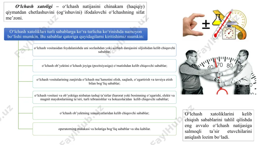 олют хатоликни ҳақиқий қийматга нисбатини билдиради ва фоиз (%) ларда ифодаланади:  = [(ах - ао )/ао]∙100 = ( /ао)∙100%. юқориги ўлчаш чегараси 3000с бўлган потенциометрнинг кўрсатиши хк= 2400с ва ўлчанаётган ҳароратнинг ҳақиқий қийматиxҳ= 241,2°с бўлганидаги мутлақ, нисбий, келтирилган хатоликлари топилсин. ii. ўлчаш шароити тартибларига кўра хатоликлар қуйидагиларга бўлинади: 1. статик хатоликлар - вақт мобайнида катталикнинг ўзгаришига боғлиқ бўлмаган хатоликлар. ўлчаш воситаларининг статик хатолиги шу восита билан ўзгармас катталикни ўлчашда ҳосил бўлади. агар ўлчаш воситасининг паспортида статик шароитлардаги ўлчашнинг чегаравий хатоликлари кўрсатилган бўлса, у ҳолда бу маълумотлар динамик шароитлардаги аниқликни тавсифлашга нисбатан тадбиқ этила олмайди. 2. динамик хатоликлар - ўлчанаётган катталикнинг вақт мобайнида ўзгаришига боғлиқ бўлган хатоликлар саналади. динамик хатоликларнинг вужудга келиши ўлчаш воситаларининг ўлчаш занжиридаги таркибий элементларнинг инерцияси туфайли деб изоҳланади. бунда ўлчаш занжиридаги ўзгаришлар оний тарзда эмас, балки муайян вақт давомида амалга оширилиши асосий сабаб бўлади. iii. келиб чиқиши сабаби (шароитига) қараб: нормал (градуировка) шароитда ишлатиладиган асбобларда ҳосил …