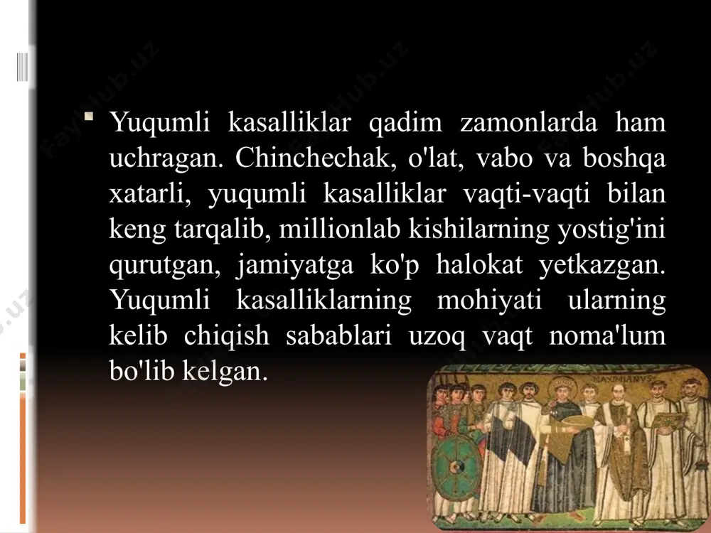 troponoz kasallik ya’ni faqat odamga hos xastalik sanaladi. infeksiya manbai bemor va vibrion tashuvchidir. vibrion og`iz orqali tushib najas orqali chiqadi. vibrionning tarqalishida suv katta ahamiyatga ega. kasallik epidemiya tarzida boshqa joyga kirib borganda tarqalish xususiyati shu joyning sanitar xolati, kanalizatsiya bilan ta’minlanish xususiyati, oziq – ovqat mahsulotlarining sanitariya holati bog`liq. o’lat o’tkir infeksion va karantinli kasalik hisoblanadi.o’lat arab so’zidan olingan bo’lib ”djumma” bob degan manoni bildiradi’ kasallik har qanday yoshda uchraydi va har qanday yo’l bilan yuqadi ko’proq yovvoyi kemiruvchilar va qon so’ruvchi hasharotlar chaqqanda yuqadi. kasallik juda og’ir o’tadi o’lim ko’rsatkichi yuqori epidimiologiyasi kasallik manbayi yovoyi tabiat hayvonlari hisoblanadi ularning tanasida o’lat bakteriyasi bo’ladi. yuqish yo’llari klinik belgilari inkubatsion davri 3-6 kun klinik belgilar namayon bo’lmaydi, keyinchalik tana haroratining ko’tarilishi ishtahaning yo’qligi, bosh aylanishi, bosh og’rishi, qusish zararlangan terida yiringli jarayon bilan namayon bo’ladi. sepsis rivojlanadi. prafilaktika va sanitariya gigiyena chora tadbirlari zararkunanda kemiruvchilarga qarshi kurash chora tadbirlarini …