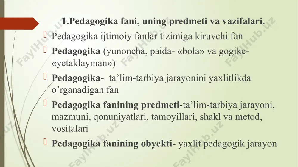 odasini topgan. bular pedagogika fanining mazmunini boyitadi. ta'lim va tarbiya masalalari hamisha mutafakkir, yozuvchi, olimlar xayolini band qilib kelgan. ular o'zlarining bola tabiati, ularni barkamol inson qilib tarbiyalash haqidagi yorqin mulohazalari bilan pedagogika fani ravnaqiga ulush qo'shganlar. “alpomish”, “to'maris” kabi dostonlarda ham vatanparvarlik, insonparvarlik tuyg'ulari ulug'lanadi. mashhur hind masali “kalila va dimna”, nizomulmulkning “siyosatnoma”, nosir xisravning “saodatnoma”, yusuf xos hojibning “qutadg'u bilik”, mahmud qoshg'ariyning “devon-u lug'atit turk”, kaykovusning “qobusnoma” asarlar odob- axloqqa bevosita daxldordir. bu allomalarning asarlari pedagogik fikrlarni rivojlantirishda muhim ahamiyat kasb etadi. chunki bu asarlarda rostgo'ylik, ota-onaga hurmat-ehtirom, insonparvarlik, halol mehnat, do'stlik, chin muhabbat, sadoqat kabi yuksak axloqiy fazilatlar o'z aksini topgan. o’zbekiston respublikasi mustaqillikni qo’lga kiritgach «ta’lim tizimini tubdan isloh qilish, uni o’tmishdan qolgan sarqitlardan to’la xalos etish» davlat siyosatining ustuvor yo’nalishlaridan biriga aylandi. asosiy e’tibor yuksak ma`naviy va axloqiy talablarga javob beruvchi, yuqori malakali kadrlarni tayyorlashga qaratildi. o’zbekiston respublikasining «ta’lim to’g`risida»gi qonuni va «kadrlar tayyorlash milliy …