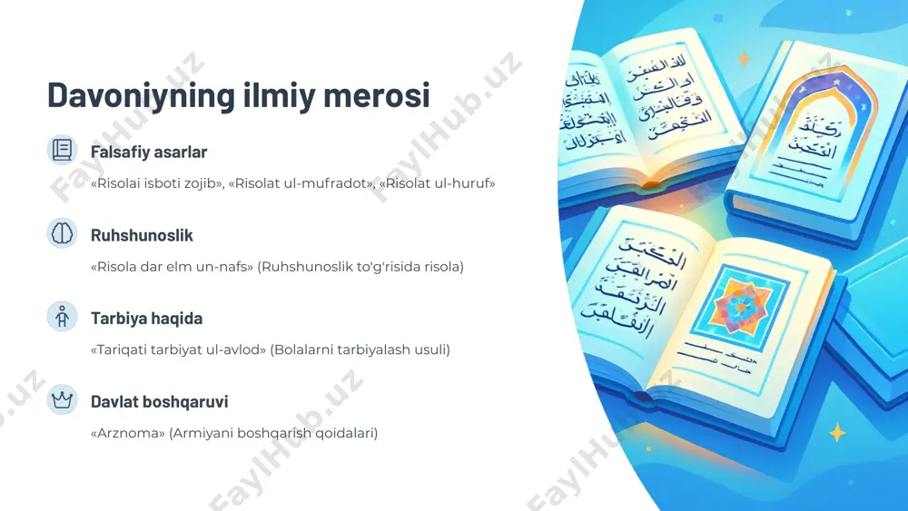 biya masalalari aqliy va axloqiy tarbiya, ijobiy xislatlarni tarkib toptirish 7 inson - ijtimoiy mavjudot tug'ilish bola his-tuyg'ulari erta shakllanadi rivojlanish narsa-hodisalarni ajrata boshlaydi aql to'lishishi yaxshilik va yomonlikni farqlaydi kamolot jamiyatda o'z o'rnini topadi 8 bolaning tarbiyalanishi ota-ona tarbiyasi ota bolani jismonan hayotga keltirib, uni jismoniy tarbiyalaydi muallim tarbiyasi muallim bolani ma'naviy jihatdan kamolotga etkazadi jamiyat ta'siri bola o'ta ta'sirchan va taqlidchan bo'ladi 9 aqliy tarbiya ahamiyati ilm olish ilm kishilarni yomon odatlardan, razil ishlardan saqlaydi aql qudrati inson aql yordamida o'z xatti-harakatini boshqaradi bilim qo'llash aql ijtimoiy hayotning barcha sohasida faol qatnashadi uzluksiz ta'lim ilm bilan shug'ullanish hech qachon kech bo'lmaydi 10 olimlarning jamiyatdagi o'rni davlat ishlarida ishtirok haqiqiy olim davlat ishlarida faol qatnashishi kerak ilmiy tadqiqotlar olimlar tabiat sirlarini o'rganish, ta'lim-tarbiya ishlari bilan shug'ullanishi kerak ma'rifat tarqatish omma o'rtasida adolat qoidalari hamda axloq normalarini tarqatish bilan shug'ullanishi kerak 11 kasb-hunar o'rgatish 3 kasb turlari davoniy insonga foyda …