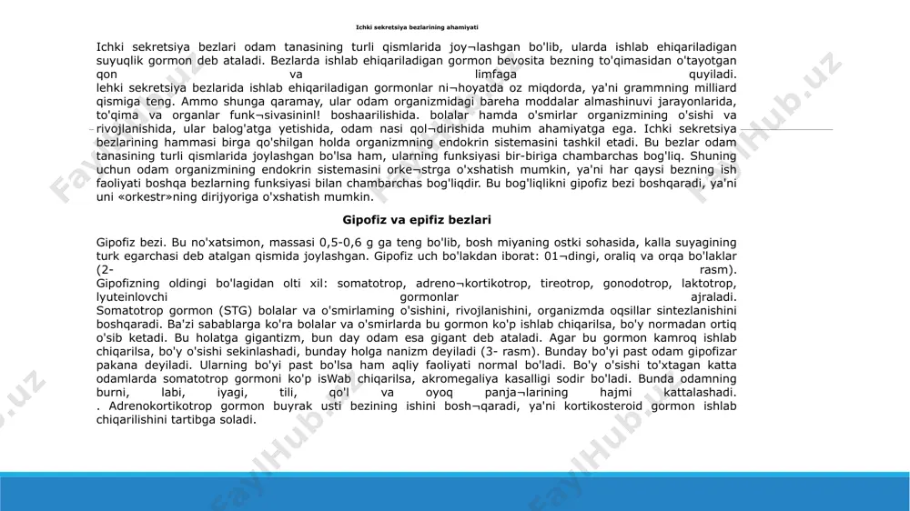 hasida joylashgan bo'lib, uning massasi 0,2 g. unda melatonin gormoni ishlab chiqariladi. bu gormon gi pofizning oraliq bo'lagidan ajraladigan intermidin gormoni singari, odam organizmida pigment almashinuvini boshqarishda ishtirok etadi. bundan tashqari, epifizdan ajraladigan gormon gi pofizning gonadotrop funksiyasini tormozlab, bolada vaqtidan ilgari balog'atga yetish jarayonini susaytiradi. epifizning funksiyasi bola 7 yoshga kirguncha kuchayib bora¬di, undan keyin uning faoliyati asta-sekin pasayib, balog'atga yet ish davri oldidan butunlay to'xtaydi. agar bu bezning funksiyasi oldinroq pasaysa, gi pofizning gonadotrop funksiyasi kuchayib ketib, bolada vaqtidan ilgari balog'atga yet ish belgilari paydo bo'ladi. tug`ma va orttirilgan immunitet buyrak usti, me'da osti va jinsi bezlar buyrak us!i bezlari. bu bezlar ikkita bo'lib, nomiga monand o'ng va chap buyraklarning ustki qismida joylashadi (6- rasm). ularning birgalikdagi og'irligi 10-20 g. buyrak usti bezlari ikki qavatdan: ustki - po'slloq va ichki - miya qavatdan iborat buyrak usti bezlarining ustki po'stloq qavatida uch guruh kortiko¬steroid gormonlar ish lab chiqariladi: i. …