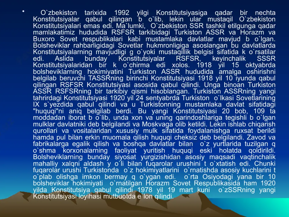 dentimiz i.a.karimov konstitutsiyamiz haqida gapirar ekan, uni “ eng demokratik, xalqaro miqyosda e`tirof etilgan me`yor va talablarga javob beradi, deyish uchun t o`la asoslarimiz bor”. prezidentimiz faqat o`zbekiston respublikasining davlat mustaqilligini mustahkamlab, konstitutsiyaning qabul qilinishi vazifasini hal qilibgina qolmay, balki konstitutsiyaning kafili sifatida maydonga chiqdi, konstitutsiya normalari va qoidalarini hayotga tadbiq qilishni ham amalga oshirdi. prezident konstitutsiyaning kafili sifatida unga rioya qilishining etaloni hisoblanadi va u konstitutsiyani himoya qilish mehanizmi ta`sirining samaradorligi uchun shaxsan javobgarlik namunalarini k o`rsatmoqda, hamda konstitutsiyaviy normalarning kundalik hayotimizda lozim darajada joriy etilishini ta`minlamoqda. 3. konstitutsiya – davlatning asosiy qonuni. konstitutsiya — muhim siyosiyhuquqiy hujjat b o`lib, hokimiyat to`g`risidagi, shaxsning huquqiy holati haqidagi, davlatning ma`muriy-hududiy tuzilishi kabi masalalar uning mazmunini tashkil etuvchi asosiy manba b o`lib hisoblanadi. konstitutsiyaning normalari davlat organlari, mansabdor shaxslar, fuqarolar va bizning hududimizda yashab turgan chet el fuqarolari va fuqaroligi b o`lmagan shaxslar faoliyatiga umumi asos b o`lib xizmat qiladi. 13 konstitutsiyaning …