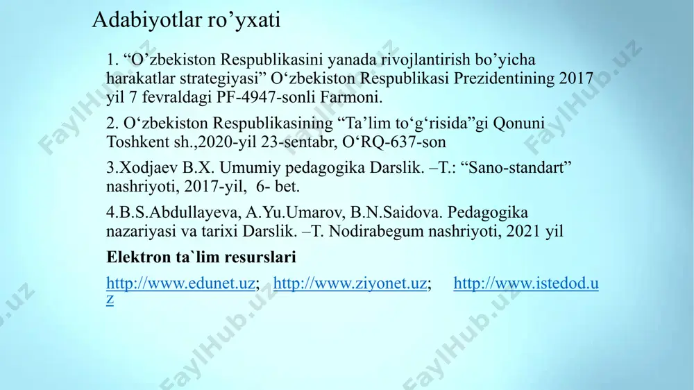 luvchilarga taʼsir etishning aniq tizimini oʼqituvchilarga taklif etadi. qoida – tanlab olingan metod bilan bogʼliqlikda faoliyat usullarini amalga oshirish uchun qulay tarzda harakat qilish zarurligini belgilab beruvchi meʼyoriy koʼrsatmalardir. pedagogik texnologiya - bu muayyan loyiha asosida tashkil etiladigan, aniq maqsadga yo‘naltipilgan hamda ushbu maqsadning natijalanishini kafolatlovchi pedagogik faoliyat jarayoni mazmunidir. zamonaviy didaktikada ta’lim metodlari tasnifiga turlicha yondashuvlar mavjud: an’anaviy (manbasiga ko‘ra) didaktik maqsadlariga ko‘ra ta’limning binar metodlari yaxlit yondashuv bo‘yicha o‘qitish metodlari interfaol metodlari аnʼanaviy (manbasiga koʼra) taʼlim metodlari: o’quv materialini ogʼzaki bayon qilish: ko‘rgazmali amaliy hikoya; suhbat; tushuntirish; maʼruza; munozara. tasvir (illyustratsiya) namoyish (demonstratsiya) mashq laboratoriya didaktik o’yin hikoya-o‘qituvchi tomonidan mavzuga oid dalil, hodisa va voqealarning yaxlit yoki qismlarga bo‘lib, tasviriy vositalar yordamida obrazli tasvirlash yo‘li bilan ixcham, qisqa va izchil bayon qilinishi. suhbat-savol va javob shaklidagi dialogik ta’lim metodi (suqrot usuli deb ham aytiladi) tushuntirish- o‘quv materiali mazmunini isbot, tahlil, umumlashma, taqqoslash asosida bayon qilishdir munozara-o’quv materialini bahs …