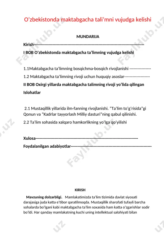 fkuraviy qarashlar va sarqitlardan to‘la xalos etish, rivojlangan demokratik davlatlar darajasida, yuksak ma‘naviy va axloqiy talablarga javob beruvchi yuqori malakali, zamonaviy kadrlar tayyorlash hamda ta‘lim-tarbiya jarayonini takomillashtirish orqali samaradorlikni oshirishni taqozo etmoqda. mamlakatimizda ta’lim tizimiga davlat siyosati darajasida e‘tibor qaratilmoqda. o‘zbekiston respublikasi prezidentining 2017-2021 yillarga maktabgacha ta’lim tizimini yanada takomillashtirirsh chora-tadbirlari to’g’risidagi qarorlarida maktabgacha ta’lim tizimini moddiy texnika bazasini mustahkamlash, maktabgacha ta’lim tashkilotlari tarmog’ini kengaytirish, maktabgacha ta’lim tizimini qayta ko‘rib chiqish va yanada takomillashtirish vazifalari belgilab berilgan edi. ta’lim tizimi oldidagi davlat buyurtmasi o‘zbekiston respublikasi “ta’lim to‘g‘risida”gi qonunning asosiy g‘oyalarida o‘z aksini topgan. “ta’lim to‘g‘risida”gi qonun”da uzluksiz ta ‘lim tizimining maktabgacha ta ‘lim va tarbiya tizimida bolalarni o‘quv fanlari bo‘yicha muayyan bilimlarni egallashlari barobarida, ularning bilim olishga bo‘lgan ehtiyoji, mustaqil va ijodiy fikrlash, tashkllotchilik qobiliyatlari, amaliy tajriba va mehnat ko‘nikmalarini rivojlantirish, milliy va umuminsoniy qadriyatlarga asoslangan ma‘naviy-axloqiy fazilatlarni, atrof-muhitga ongli munosabatni tarkib toptirishi lozimligi qayd etilgan. mamlakatimizda ta’lim tizimida davlat …