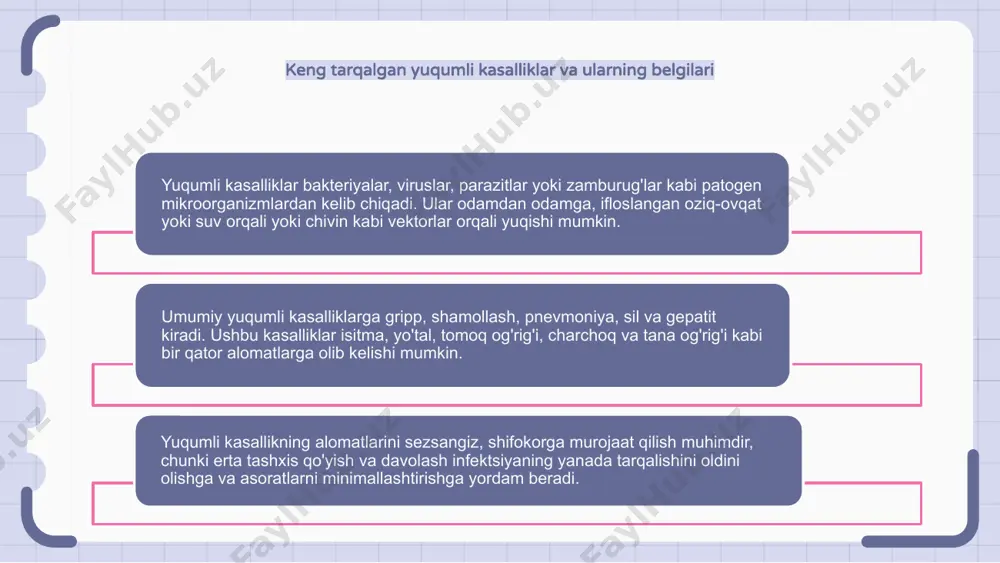 tga sezilarli ta'sir ko'rsatishi mumkin. hukumatlar va tibbiy tashkilotlar uchun ushbu paydo bo'lgan yuqumli kasalliklarga samarali javob berish uchun tadqiqot, kuzatuv va profilaktika strategiyalariga ustuvor ahamiyat berish muhimdir. rivojlanayotgan mamlakatlarda yuqumli kasalliklar yuqumli kasalliklar rivojlanayotgan mamlakatlarda aholi salomatligini tashvishga soladigan jiddiy muammodir. bu sog'liqni saqlash tizimiga katta yuk bo'lib, ushbu mamlakatlarning iqtisodiy rivojlanishiga katta ta'sir ko'rsatadi. rivojlanayotgan mamlakatlardagi yuqumli kasalliklar, birinchi navbatda, yomon sanitariya sharoitlari, sog'liqni saqlash infratuzilmasining etarli emasligi va toza suvdan foydalanish imkoniyatining yo'qligi bilan bog'liq. rivojlanayotgan mamlakatlarda yuqumli kasalliklarning oldini olish va nazorat qilish emlash dasturlari, yaxshilangan sanitariya amaliyoti va arzon tibbiy xizmatdan foydalanishni o'z ichiga olgan kompleks yondashuvni talab qiladi. yuqumli kasalliklarga qarshi kurashda emlashning roli emlash yuqumli kasalliklarni nazorat qilishda immunitet tizimini ma'lum patogenlarga qarshi immunitetni rivojlantirish uchun rag'batlantirish orqali hal qiluvchi rol o'ynaydi. katta aholini emlash orqali podaning immunitetiga erishish mumkin, bu yuqumli kasalliklarning umumiy tarqalishini kamaytiradi. vaktsinalar nafaqat odamlarni kasalliklardan himoya qiladi, balki …