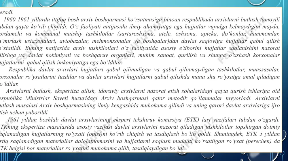 arxivlar tashkil qilindi va ularga 850 mingga yaqin yig‘majildlar qabul qilindi. respublikada birinchi bunday arxiv, andijon viloyatida tashkil etilgan. 1972 yil 13 iyunda andijon viloyati ijroiya qo‘mitasi «viloyat davlat arxivining qo‘rg‘ontepa filiali qoshida shaxsiy tarkib bo‘yicha hujjatlarning tumanlararo birlashgan arxivini tashkil qilish to‘g‘risida» qaror qabul qildi. unga asosan korxonalar, tashkilotlar, muassasalar, kolxozlar, sovxozlarning shaxsiy tarkib bo‘yicha hujjatlari saqlanishini ta’minlash, hisobga olish, ularni jamlash va fuqarolarga biografik ma’lumotnomalar berish maqsadida shaxsiy tarkib bo‘yicha xo‘jalik hisobidagi qo‘rg‘ontepa tumanlararo arxivi tashkil qilingan. bu arxiv qo‘rg‘ontepa, xo‘jaobod tumanlari va sovetobod shahri tashkilotlari, kolxoz va sovxozlari mablag‘i hisobidan shaxsiy tarkib hujjatlarini markazlashtirib saqlash va foydalanish uchun tuzilgan. har bir tashkilot va xo‘jalik shaxsiy tarkib bo‘yicha hujjatlarni markazlashtirib saqlagan, xo‘jalik hisobidagi arxivga mablag‘ o‘tkazib turar, ana shu mablag‘ hisobidan arxiv ishchi va xizmatchilariga ish haqi berar edi. ijroqo‘m qarori bilan har bir yig‘majild uchun bir yilga 65 tiyin miqdorda haq to‘lash belgilangan edi. qo‘rg‘ontepa arxivining tajribasi …