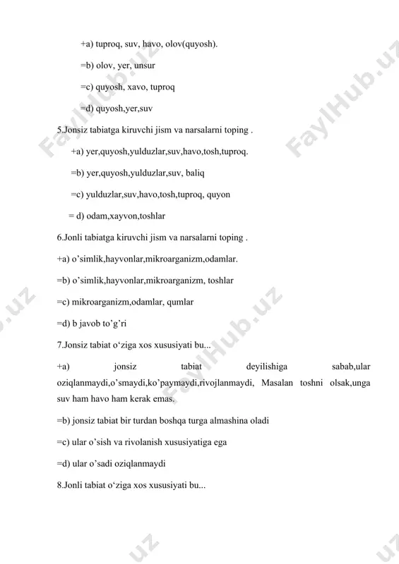 jlanmaydi, masalan toshni olsak,unga suv ham havo ham kerak emas =c) jonsiz tabiat bir turdan boshqa turga almashina oladi =d)b o’ziga xos xusisiyati ko’p oziqlanadi,ko’paymaydi,rivojlanadi 9."alloh hamma narsani yaratdi va o‘lchovini mukammal qildi", deb aytilgan sura qu’ron karimning qaysi surasida aytilgan? +a) furqon surasi 2 oyatida. =b) yosin surasi 6-oyat =c) falaq surasi 7-oyat =d) b javob to’g’ri 10.qu’ron karimning "a’rof surasi" ning 56-oyatida tabiat haqida nima deyilgan? +a) obod qilib qoyilgan yer yuzasida buzg’unchillik ishlarini qilmang. =b) mulk surasi 5-oyat =c) baqara surasi 8-oyat =d) bacha javoblar to’g’ri 11.ushbu xadis ilmi qaysi allomaga tegishli “yekmoq niyatida qo‘lingizda ko‘chat turgan paytda bexosdan qiyomat qoyim bo‘lib qolishi aniq bo‘lganda ham ulgursangiz uni ekib qo‘ying”.? +a) al buxoriy . =b) al beruniy =c) al xorazmiy =d) ibn sino 12. ushbu fikr muallifi kim "biling-ki, daryoning ko‘zlari yoshlansa uning boshiga g‘am, kulfat tushgan bo‘ladi. odamlar, daryodan mehringizni darig‘ tutmanglar" .? +a) muhammad al …
