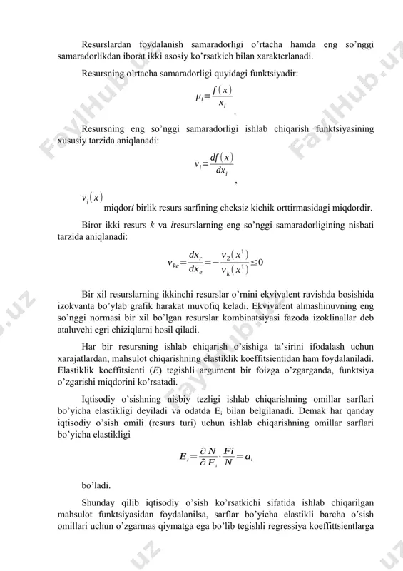 rflar bo’yicha elastikli barcha o’sish omillari uchun o’zgarmas qiymatga ega bo’lib tegishli regressiya koeffittsientlarga teng bo’ladi. boshqacha aytsak maxsulot hajmining qancha bo’lishidan qat’iy nazar i – turidagi o’sish omilining (ishlab chiqarish resursining) sarfini 1% ga ko’paytirish ishlab chiqiladigan mahsulot hajmining % ga ko’paytiradi. iqtisodiy o’sish tahlilida qo’llaniladigan ishlab chiqarish funktsiyalarining xususiyatlarini aniqlashda umumiy elastiklik a ning miqdori bilan belgilanuvchi regressiya koeffittsientlari yig’indisi muhim ahamiyatga ega bo’ladi. a = a1 + a2 + a3 +...+an agar iqtisodiy o’sishning barcha omillari k martga o’zgarsa ishlab chiqiladigan mahsulotning miqdori quyidagicha bo’ladi. bunda a=1, a1 va a<1 qiymatlarini qabul qilish mumkin. agar a=1 bo’lsa, ishlab chiqarish sarfini k martaga ko’paytirish, ishlab chiqilgan mahsulotlar miqdorlarining ham k marta ko’payishiga sabab bo’ladi, demak, iqtisodiy o’sishning ham shuncha martaga o’sishiga olib keladi. agar a1 bo’lsa, ishlab chiqarish sarfining k martaga ko’payishi ishlab chiqilgan mahsulot miqdorining k martadan ko’proq ko’payishiga sabab bo’ladi, iqtisodiy o’sishning k martadan ortiqroq ko’payishiga …