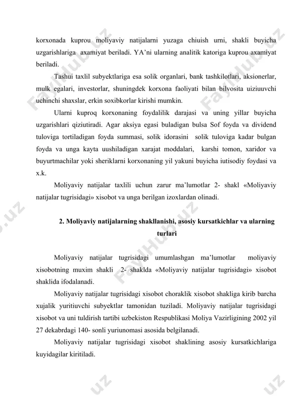 maxsulot sotishdan yalpining yalpi foydasi(zarari), davr xarajatlari jami, asosiy faoliyatning foyda (zarar)si, moliyaviy faoliyat buyicha daromad (xarajat)lari, mumxujalik faoliyatining foyda (zarar)si, favkulodda foyda (zarar)lar, daromad (foyda) soli\ini tulangunga kadar foyda (zarar), xisobot davrining sof foyda (zarar)si. daromad va xarajatlarni bu tarkibda turkumlanishi kuyidagilarga imkon beradi; - ishlab chikarish xarajatlarini boshka xarajatlardan farklash va korxona ishlab chikarish faoliyati samaradorligiga baxo berish, - moliyaviy boshkaruv yuzasidan operatsion xarajatlarni boshka xarajatlardan farklash - korxona tomonidan olinadigan daromadlarni ularning yuzaga kelishi yoki shakllanishi buyicha aloxida tarkiblash asosiy faoliyatdan, moliyaviy faoliyatdan xamda kutilmagan xolatlardan. moliyaviy natijalar tugrisidagi yangi xisobot shakli ularning xar bir shakllanish katori buyicha tuliu axborotlarni olish imkonini beradi. bu axborotlar ichki va tashui axborot foydalanuvchilarining manfaatlar tuunashuvini keltirib chikarmaydi. agar shunday bulgan edi moliyaviy xisobotni tuzish uoidasi buzilgan bular edi. negaki moliyaviy xisobotdagi ma’lumotlarda xech kachon bir turkum axborot foydalanuvchilar foydasiga boshka turkum zarari xisobiga aks ettirishlar bulmasligi talab etiladi. ushbu uoida …