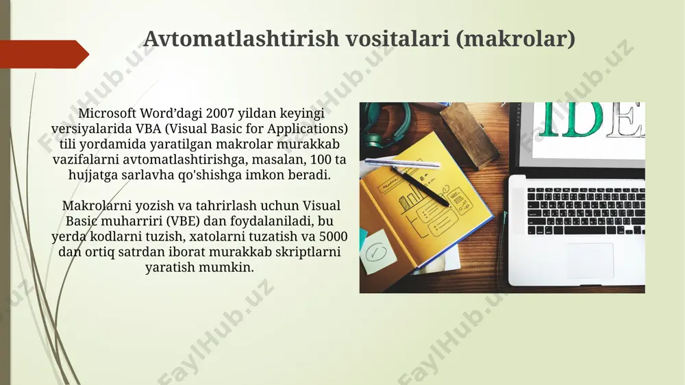 ngiz mumkin. masalan, "classic" yoki "elegant" shablonlari samarqanddagi universitet hisobotlarida keng qo'llaniladi. microsoft word’da jadval yaratishda ustun va qatorlar sonini 1 dan 100 gacha belgilashingiz mumkin, shuningdek, hujayralarni birlashtirish yoki ajratish orqali murakkab jadval tuzilmalari, masalan, 5x5 o'lchamdagi jadval yaratishingiz mumkin. shablonlar va mavzular microsoft word’ning 2021-yildan keyingi versiyalarida 1000 dan ortiq tayyor shablonlar mavjud bo'lib, ular turli sohalar, jumladan, biznes, ta'lim va dizayn uchun mo'ljallangan. word’dagi ba'zi mavzular, masalan, "minimalist" yoki "korporativ", maxsus rang sxemalari va shriftlarni o'z ichiga oladi, bu esa hujjatlarga professional ko'rinish berish imkonini beradi. hamkorlik va fayl almashish microsoft word 365 versiyasi avtomatik saqlash va versiya tarixi funksiyalariga ega bo'lib, bu esa hujjatning 5ta oldingi versiyasini saqlab qolish va kerak bo'lganda o'zgarishlarni bekor qilish imkonini beradi, shuningdek bu toshkentdagi ofis va moskva ofisidagi xodimlar o'rtasidagi hamkorlikni yaxshilaydi. word fayllarini almashish uchun onedrive, sharepoint yoki dropbox kabi bulut xizmatlaridan foydalanish mumkin; bu esa 10 gb gacha …