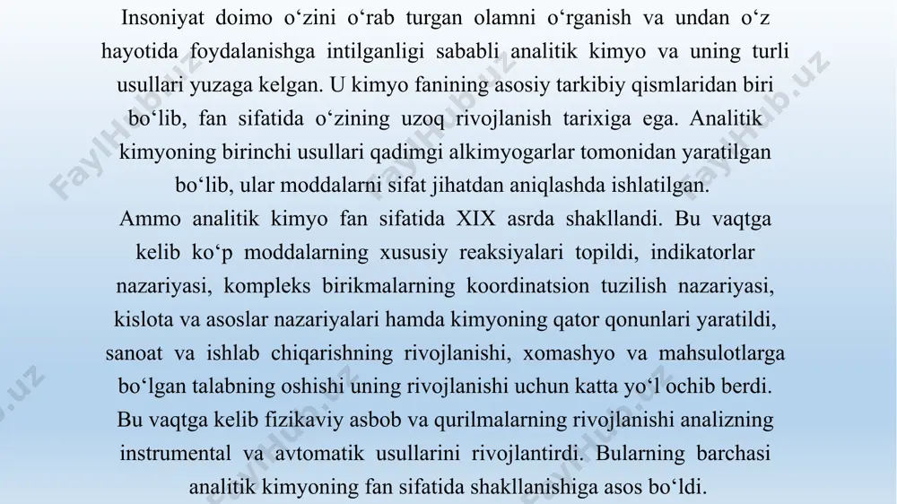 lari o’rtasidagi bog’lanishga asoslangan. masalan, spektral analizda modda gaz gorelkasi yoki elektr yoyiga kiritilganda hosil bo’ladigan nurlanish spektri aniqlanayotgan elementlar uchun xos chiziqlar bo’lishiga qarab berilgan moddada shu elementlar bor yoki yo’qligi haqida, chiziqlarning ravshanlik darajasi asosida ularning miqdori to’g’risida fikr yuritiladi. bu metod juda seziluvchan bo’lib, elementlarning 10-6-10-8 g gacha miqdorini aniqlashga imkon beradi. sifat tahlili usullarining tasnifi. sifat analizini o’tkazish uchun moddalarning turli miqdorlari bilan ishlash mumkin. analitik reaksiyalarni o’tkazishda ishlatiladigan moddalarning miqdoriga qarab sifat analizi makro-, mikro-, yarimmikro-, ultramikro-, submikro-, subultramikro- usullarga bo’linadi. oldingi nomlanish hozirgi nomlanish olingan modda massasi olingan modda hajmi gramm ml makroanaliz gramm usul 1-10 10-100 yarimmikroanaliz santigramm usul 0.05-0.5 1-10-2 mikroanaliz milligramm usul 10-3-10-6 0.1-10-4 ultramikroanaliz mikrogramm usul 10-6-10-9 10-4-10-6 submikroanaliz nanogramm usul 10-9-10-12 10-7-10-10 subultramikroanaliz pikogramm usul 10-12 10-10 makroanalizda moddaning nisbatan ko’proq miqdori (0.5-10 g) miqdori yoki bu modda eritma holida bo’lsa uning 10-100 ml hajmi tekshiriladi. reaksiyalar sig’imi 10-20 …