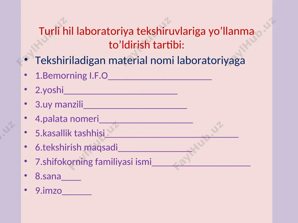 atidagi u yoki bu holatni aniqlabgina qolmay, balki qator a'zo va tizimlardagi kamchiliklar haqida ham xulosa chiqarishga imkon beradi. a) umumiy tekshirish uchun siydik yig'ish. umumiy tahlilga siydik- uning rangi, tiniqligi, nisbiy zichligi (solishtirma og'irligi), uning reaksiyasi va patologik elementlar borligini aniqlash kiradi. umumiy tahlil uchun siydikni tungi uyqudan so'ng ertalab 100-200 ml miqdorda olinadi va 30 60 daqiqa ichida laboratoriyaga jo'natiladi. siydikni bemor statsionarga kelgan kunning ertasiga ertalab olinadi va 10 kundan keyin yana bir marta tekshiriladi. bemorlarga bir kun avval ismi-sharifi, sana va tekshirish maqsadi yozilgan toza idish beriladi. ayol bemor siydik olishdan oldin tagini yuvishi kerak. siydikning o'rta porsiyasi olinadi. tekshirish natijtisi noto'g'ri chiqmasligi uchun idishni tozalab yuvish lozim, aks holda noto'g'ri tashxis qo'yilishi mumkin. hayz ko'rish davrida siydik tahlili tavsiya qilinmaydi, bordi-yu bunga zarurat bo'lsa, siydikni kateter yordamida, ayolning tashqi jinsiy a'zolarini zararsizlantiruvchi eritma (furatsillin eritmasi va b.) bilan artgandan so'ng olinadi. siydikni uzoq vaqt saqlash …