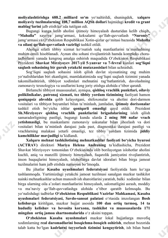 lari yaratilishiga zamin yaratadi. “mehnat migratsiyasi tо‘g‘risida”gi o‘zbekiston respublikasi qonuni. qonun mehnat migratsiyasi siyosatining asosiy yо‘nalishlari, fuqarolarning chet ellarda ishga joylashtirishning mexanizm va shakllari, mehnat migrantlari bilan ishlash sohasidagi davlat diplomatik vakolatxonalarning asosiy faoliyat yо‘nalishlari, chet ellarda ishga joylashtirishning mexanizm va shakllari, mehnat migrantlari bilan ishlash sohasidagi diplomatik vakolatxonalarning asosiy faoliyat yо‘nalishlari, chet elda o‘zbekiston fuqarolarining shaxsiy xavfsizligini ta’minlash va ularning ijtimoiy himoyasi masalalarini qamrab oladi. “aholi bandligiga kо‘maklashish nodavlat tashkilotlari (rekruting agentliklari) tо‘g‘risida”gi qonuni. qonunda mehnat bozori infratuzilmasini oshirish, aholi bandligini ta’minlash imkoniyatlarini, aholi daromadlari va turmush darajasini oshirishga xizmat qiladi. aholini ijtimoiy himoya qilish va sog‘liqni saqlash tizimini takomillashtirish, xotin-qizlarning ijtimoiy-siyosiy faolligini oshirish. o‘zbekistonni rivojlantirish strategiyasida aholini ijtimoiy himoya qilish va sog‘liqni saqlash tizimini takomillashtirish, xotin-qizlarning ijtimoiy-siyosiy faolligini oshirish ustuvor yо‘nalishlardan biri sifatida belgilangan. mamlakatimiz taraqqiyotining bugungi bosqichida ijtimoiy sohaning aholiga majburiy ijtimoiy kafolatlarni ta’minlash, aholining ehtiyojmand qatlamlarining ijtimoiy himoyasini hamda keksalar va imkoniyati cheklangan shaxslarni davlat tomonidan …