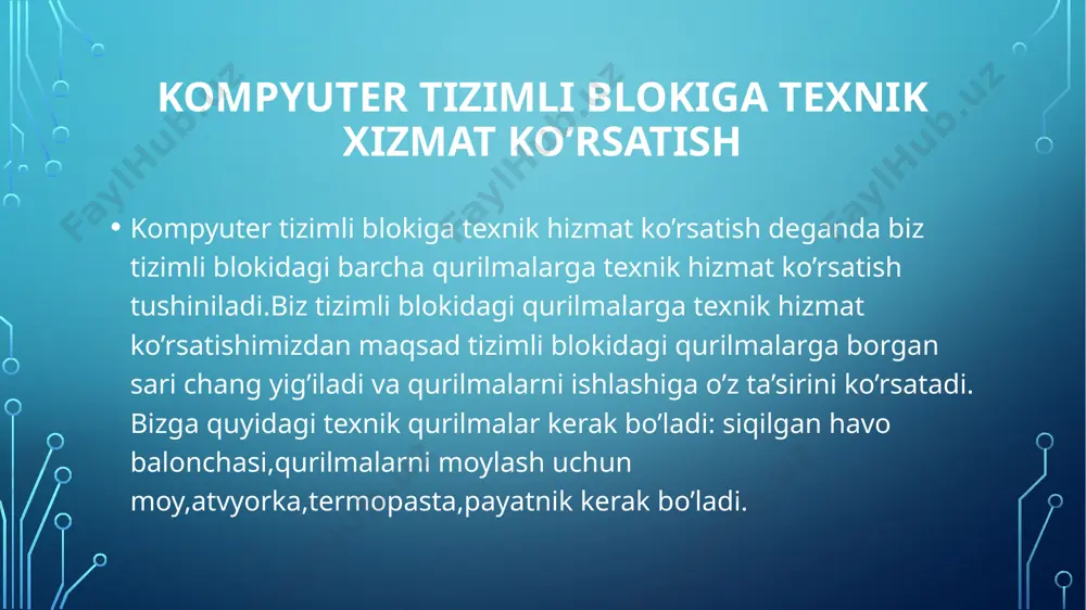 ishlatiladi. mikroprotsessorlarning ishlash va faoliyat ko’rsatish imkonyatlari mikroprotsessorlar yoki markaziy protsessorlar shaxsiy kompyuterlarning “miyasini” tashkil qiladi. tezlik — bu protsessorning hususiyatlaridan biri bo‘lib, uni ko‘p hollarda turlicha talqin qilinadi. ushbu bo‘limda, umuman, protsessorlarning tezligi va, hususan, intel protsessorlari xaqida ma’lumot olasiz. ko‘pincha, kompyuterning tezligi, odatda, megagerslarda o‘lchanuvchi takt chastotasiga bog‘liq bo‘ladi. u uncha katta bo‘lmagan qalaydan yasalgan konteynerida joylashgan, kvars kristali bo‘lgan, kvars rezonatorining parametrlari orqali aniqlanadi. elektr kuchlanishi natijasida kvars kristalida, kristalning shakli va o‘lchami orqali aniqlanuvchi chastotali elektr tokining tebranishlari hosil bo‘ladi. shu o‘zgaruvchi tokning chastotasini takt chastotasi deb ataladi. oddiy kompyuterning mikrosxemalari bir nechta million gerslar chastotasida ishlayd (gers, bu-sekundiga bir tebranish). tezlik megagerslarda, ya’ni sekundiga million siklda o‘lchanadi. buyruqlarining bajarilishiga ketadigan vaqt ham o‘zgaruvchandir. 8086 va 8088 protsessorlarida bitta buyruqning bajarilishiga 12 takt chamasida ketadi. 286 va 386 protsessorlarida bu ko‘rsatgich bitta operatsiyaga o‘rtacha 4,5 takt atrofida,486 da esa 2 taktgacha kamayadi. mikroprotsessorning tuzilishi mikroprotsessor qurilmasi …