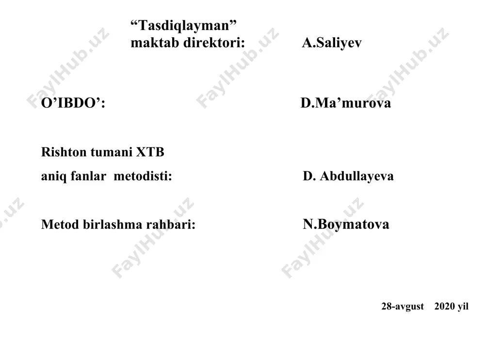 1 iv chorak 27-dаrs scratch dasturlash muhiti 1 28-dаrs spraytlar bilan ishlash 1 29-dаrs sodda animatsiya dasturlarini yaratish 1 30-dars sprayt liboslari(kostumlari)ni almashtirish 1 31-dars ovoz va matn bilan ishlash 1 32-dars scratch muhitida shakllar yaratish 1 33-dars scratch muhitida sodda multfilmlarni yaratish 1 34-dars nazorat ishi 1 6-sinf “informatika va axborot texnologiyalari” fanidan 2020-2021 o’quv yili uchun yillik taqvimiy-mavzuiy ish reja (haftasiga 1 soatdan, jami 34 soat) dars soati bob va mavzular soati kalendar vaqti bajarilgan vaqti uyga vazifa izox 6-a 6-b 6-a 6-b i chorak 1-dаrs matn muharrirlari 1 2-dаrs ms word matn protsessori interfeysi 1 3-dаrs hujjat hosil qilish va saqlash 1 4-dаrs amaliy mashg‘ulot 1 5-dаrs wordda matn yozish qoidalari 1 6-dаrs amaliy mashg‘ulot 1 7- dаrs hujjatlaring asosiy parametrlari 1 8-dаrs amaliy mashg‘ulot 1 9-dаrs amaliy mashg‘ulot. takrorlash 1 ii chorak 10- dаrs hujjatlarni tahrir qilish 1 11-dаrs ms word dasturida hujjatni formatlash 1 12-dаrs …