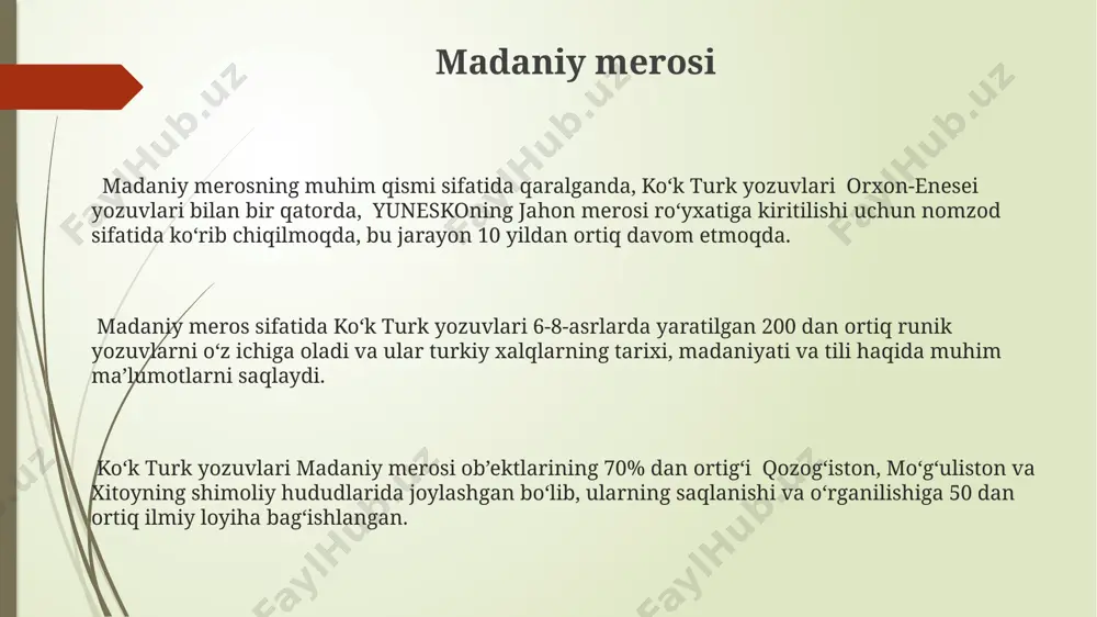 k tarqalishi haqida qimmatli maʼlumotlarga ega boʻlishdi. siyosiy va ijtimoiy ahamiyati koʻktürk imperiyasining hududiy chegaralari, uning maʼmuriy boʻlinmalari va soliq tizimi toʻgʻrisida yozuvlarda 10 ga yaqin aniq maʼlumotlar mavjud boʻlib, bu davlatning siyosiy qudratini aks ettiradi. koʻktürk yozuvlari 6-8-asrlarda moʻgʻuliston, xitoy va markaziy osiyo hududlarida turkiy xalqlarning siyosiy tizimi va ijtimoiy tuzilmasi haqida muhim maʼlumotlar beradi. yozuvlarda 20 dan ortiq turkiy qabilalar nomlari, ularning oʻzaro munosabatlari, harbiy yurishlari va 500 dan ortiq shaxslarning ismlari tilga olinadi, bu esa ijtimoiy ierarxiyani oʻrganishga yordam beradi. e'tiboringiz uchun rahmat @taqdimot_robot
