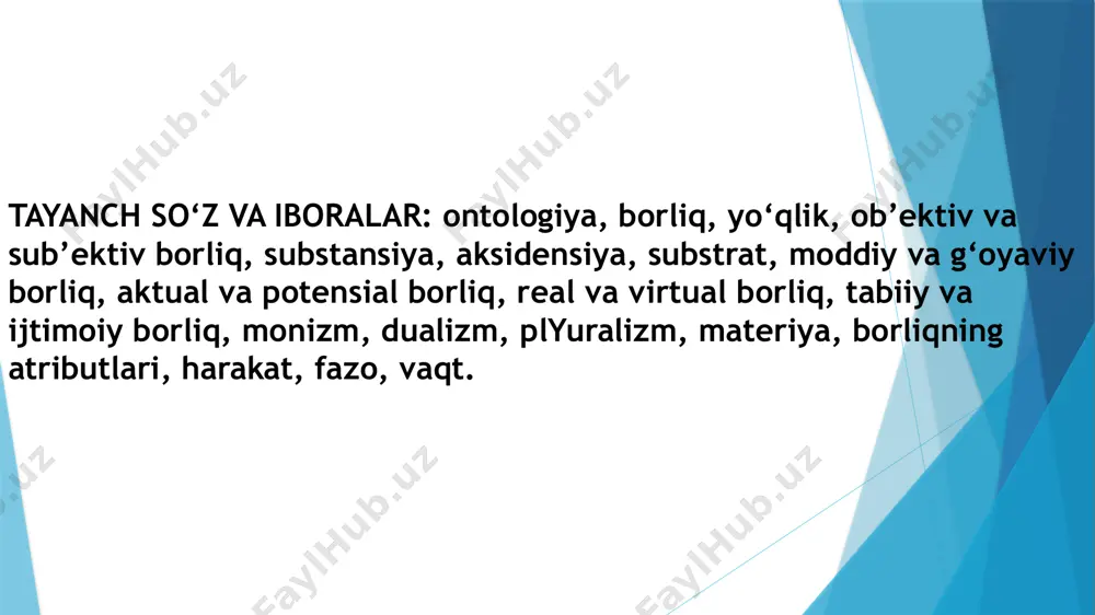 nanlashtirib tushuntirishadi. borliq o‘ziga ob’ektiv va sub’ektiv reallikni, mavjud bo‘lgan va mavjud bo‘ladigan olamlarni, moddiylik va ma’naviylikni, o‘tmish va kelajakni, o‘limni va hayotni, ruh va jismni qamrab oluvchi umumiy tushunchadir. atrofimizdagi odam, olam, tabiat, jamiyat, tafakkur, g‘oyalar, o‘y-xayollarimiz barchasi birday mavjuddir, ular turli tarzda va shakllarda namoyon bo‘lib, hammasi mavjudlik belgisi ostida umumlashib, borliq tushunchasiga kiradi. materialistik mazmundagi borliq tushunchasi ta’rifiga faqat ob’ektiv real olam, ongdan tashqaridagi, unga bog‘liq bo‘lmagan jismoniy mohiyatga ega bo‘lgan narsalargina kiritiladi. borliqning ideal, virtual, potensial, abstrakt, ma’naviy shakllari bu ta’rifdan tashqarida qoladi. borliqning asosiy sohalariga tabiat, jamiyat va ong kiradi. bu sohalar uchun umumiy jihat - ularning mavjudligidadir. a.g.spirkin shunday yozadi: «barcha mavjud narsalar borliqqa mansubdir. ularga moddiy jismlar ham, barcha (fizik, ximik, geologik, biologik, ijtimoiy, psixologik, ma’naviy) jarayonlar ham, ularning xossalari, aloqalari va munosabatlari ham kiradi. u chyqur hayolotning mevasi bo‘lgan ertak va afsonalar, hatto bemorning xayolidagi alahsirashlar ham, borliqning qismi bo‘lgan ma’naviy reallik …