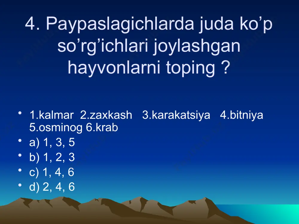 urak bo’lmasiga b) yurak qorinchasiga c) hamma a’zolariga d) yurakning o’ng bo’lmasiga 44. baqachanoqning lichinkasi nima yordamida baliqning terisiga kirib oladi? a) tuxumi orqali b) yopishqoq iplari yordamida c) chig’anog’i orqali d) tanasi orqali 45. dreysena qaysi sinf va tipga kiradi? a) qorinoyoqlilar sinfi, mollyuskalar tipi b) ikki pallalilar sinfi, molyuskalar tipi c) bosh oyoqlilar sinfi, molyuskalar tipi d) ikki pallalilar sinfi, molyuskalar tipi 46. baqachanoqning oyoq va jabralari qayerda joylashgan? a) mantiya pardalari orasidagi bo’shliqda b) qorin tomonidagi bo’shliqda c) chig’anoq ostida d) orqa tomonida elastik paylar orasida 47. baqachanoqning og’iz teshigi qayerda joylashgan? a) qorini ostki tomonida b) qorin qismida c) oyoqning asosida d) ko’krak qismida 48. suvni tozalashda ishtirok etadigan eng muxum tabiy tozalovchi hayvonlarning aniqlang. a) qorinoyoqli mollyuskalar b) ikkipalla chig’anoqli mollyuskalar c) boshoyoqli mollyuskalar d) tok shilliq qurtlari 49. qaysi hayvon barcha umurtqasiz hayvonlar ichida eng yirigi hisoblanadi? a) osminog b) karakatsiya c) krab d) …