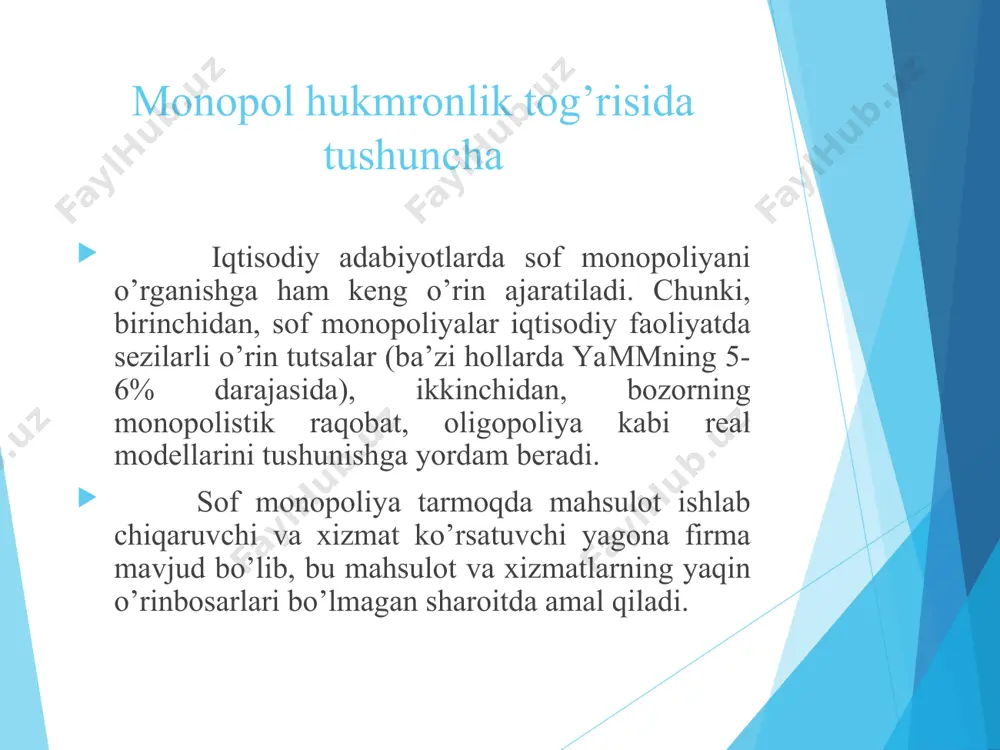 urlaridan foydalanish boshqarmasi" duk. hisobot davri davomida “oʻzsuvtaʼminot” aj tarkibiga “jizzah suv ta’minoti” aj va “jarqo'rg'onneftnikaytaishlash” qk kiritilgani qayd etildi,shuningdek oltita aeroport “uzbekistan airports” aj tizimiga o’tkazilgani tufayli korxonalar faoliyati yuzasidan oʻrganishlar olib borilib, reyestrga tegishli oʻzgartirishlar kiritilgan davlat reestriga kiritilgan subyektlar ro’yxati: “chimgan-chorbogʻ suv taʼminoti” mchj; “oʻzbekiston temir yoʻllari” aj “qoʻngʻirot mintaqaviy temir yoʻl uzeli” uk; navoiy viloyatidagi “issiqlik manbai” duk; toshkent viloyatidagi “ammafos-maxam” aj; “toshpoʻlat obihayot ichimlik suvi” mchj; “yangiobod shirin suv” mchj; “begmatboy-gʻaniboy zilol suv” mchj; “toshkent devor panellari zavodi” mchj; “city builduing sales” mchj. 2020-yil yozida tabiiy monopoliyalar sonida keskin ko’tarilish kuzatilgan edi. monopoliyalarning iqtisodiy asoslari va ularning turlari sof monopoliyaning asosiy tavsiflovchi belgilari quyidagilar orqali namoyon bo’ladi: 1. tarmoqda yagona sotuvchining mavjudligi. sof monopolist bita firmadan iborat bo’lgan tarmoq hisoblanadi. bu o’rinda firma va tarmoq aynan bir tushunchadan iboratdir. 2. yaqin o’rinbosar mahsulot va xizmatlarning mavjud emasligi. sof monopoliyaning vujudga kelishining asosiy sababi – uning …