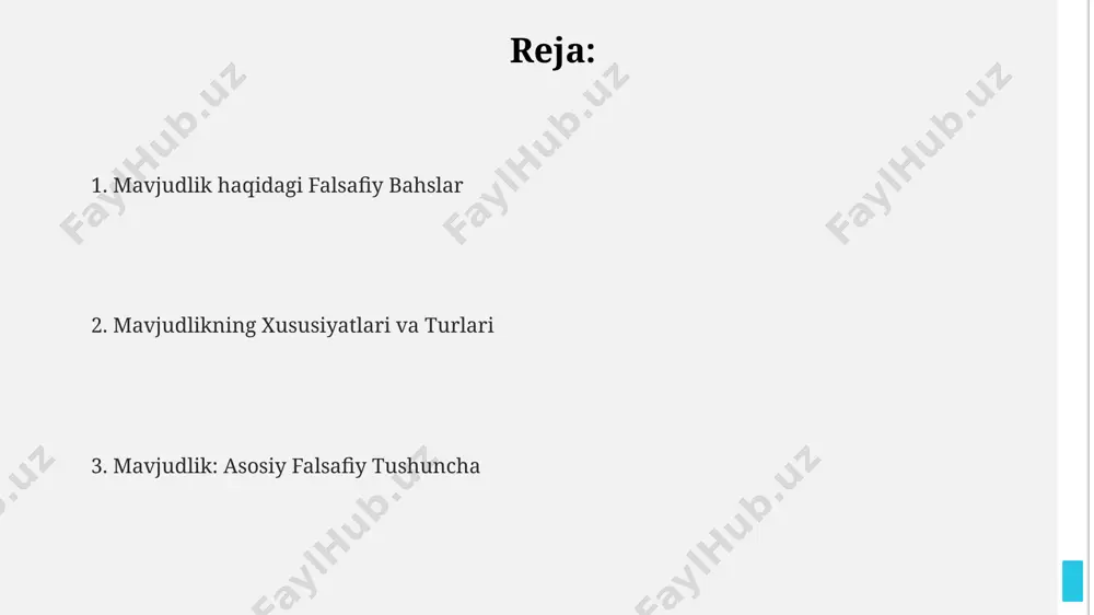s ettirib, ongning mavjudlikka ta'sirini ko'rsatadi. ekzistensializm va mavjudlik ekzistensializm, 20-asrning birinchi yarmida, asosan frantsiyada paydo bo'lgan falsafiy yo'nalish bo'lib, insonning mavjudligi va erkin tanloviga 3 ta asosiy nuqtadan yondashadi. sartre va kamyu kabi taniqli ekzistensialist faylasuflarning asarlari, 1940-yillardagi ikkinchi jahon urushi davridagi evropa jamiyatidagi inqirozlarga 5 ta turli munosabatni ko'rsatdi. mavjudlik (ekzistentsiya) tushunchasi, ekzistensializmda, insonning o'ziga xosligi, uning dunyodagi noyobligi va 100% javobgarlikni o'z ichiga oladi. mavjudlikning fenomenologik tahlili mavjudlikning fenomenologik tahlili, 20-asrning birinchi yarmida, ayniqsa, germaniya va frantsiya faylasuflari tomonidan, 3 ta asosiy mavzu atrofida qurilgan: ong, tananing dunyoga munosabati va vaqtning o'ziga xosligi. mavjudlikning fenomenologik tahlili, martin heideggerning "borliq va vaqt" (1927) asarida, 4 bobda o'lim, tashvish va borliqqa oid tushunchalar orqali chuqur tahlil qilinadi. edmund husserlning fenomenologik reduksiyasi usuli, 1913 yilda nashr etilgan asarlarida batafsil bayon etilgan bo'lib, mavjudlikni empirik faktlar emas, balki ongning tuzilmalaridan kelib chiqib tushunishga chaqiradi. mavjudlik tushunchasining kelib chiqishi mavjudlik tushunchasi qadimgi …