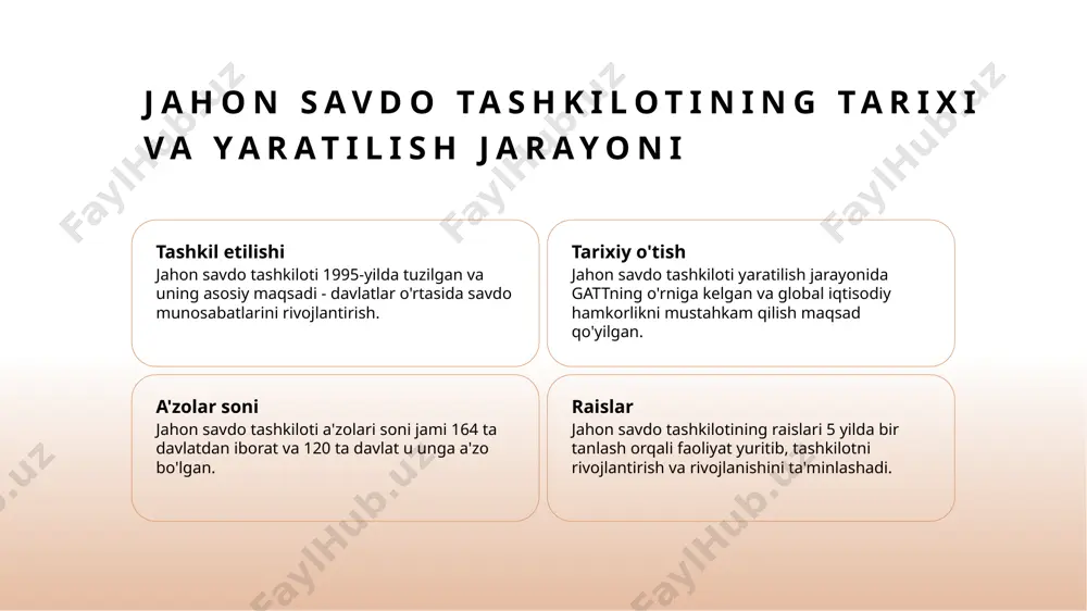 hni ta'minlaydi. bu o'sish uchun keng imkoniyatlar yaratadi. 04 arbitraj tizimi wto a'zolikka arbitraj tizimini taqdim etadi, bu erda iqtisodiy munosabatlarni hal qilish uchun obro'larni o'rganish, rivojlantirish va amalga oshirishga imkon beradi. jahon savdo tashkiloti faoliyatining mazmuni jahon savdo tashkiloti faoliyatida mazkur tashkilot a'zolarining iqtisodiy hamkorlikni rivojlantirish, savdo to'g'risida muzokaralar olib borish, xalqaro savdoni yanada rivojlantirish maqsadida faol ishtirok etishlari o'ziga xos o'zgaruvchilar hisoblanadi. photo by tazio spanò on unsplash jahon savdo tashkiloti siyosati va samaradorligi 1 tashkilotning mazmuni - jahon savdo tashkiloti siyosati va samaradorligi, xorijiy mamlakatlar orasida tijorat qoidalari bilan shug'ullanadi va uning maqsadi, barcha a'zolar mamlakatlarga sodda, etkazib beruvchi va rivojlanayotgan tijoratni ta'minlashdir. 2 xalqaro tijorat munosabatlari - jahon savdo tashkiloti, xorijiy mamlakatlar o'rtasidagi tijorat munosabatlarini mustahkamlash uchun tashkil etilgan va bu munosabatlarni rivojlantirishga yordam beradi. uning asosiy vazifalari - hisob-kitoblarni yaxshilash, tijoratni yanada ochib berish va xalqaro savdogarlikni rivojlantirishdir. 3 tijorat muzokaralari - jahon savdo tashkiloti, …