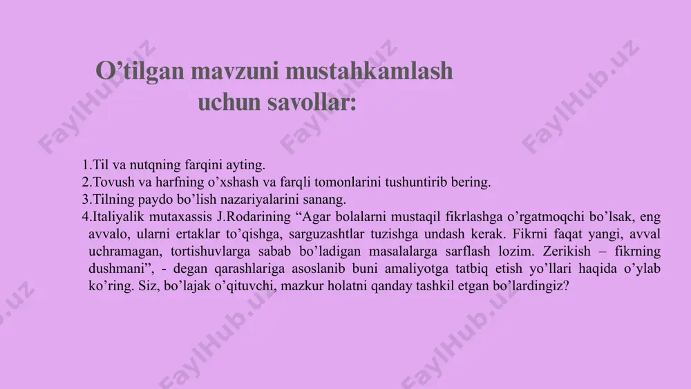 qlash orqali belgilanadi. t.g.t.ning ilk manbalari, asoslari sifatida m. qoshgʻariyning turkiy lahja(til)lar boʻyicha, bir qancha arab olimlarining som tillari boʻyicha izlanishlarini koʻrsatish mumkin. t.g.t.ning maydonga kelishi qiyosiy tarixiy tilshunoslikning paydo boʻlishi (19-asr) bilan bogʻliq. bu tasnifda qarindosh tillar kichik guruhchalarga, guruhlarga, oilalarga, baʼzan esa undan kattaroq birliklarga — makrooilalarga yoki til formatsiyalariga (uraloltoy tillari) birlashtiriladi (t.g.t.ga koʻra, oʻzbek tili turkiy tillar oilasining sharqiy guruhiga, rus tili esa hindevropa tillari oilasining slavyan guruhidagi sharqiy slavyan guruhchasiga mansub). aksariyat tillarni geneologik jihatdan tasnif qilish va ularni u yoki bu oilaga kiritish koʻpincha munozarali boʻladi. masalan, kavkaz tillari oilasining mavjudligini hamma olimlar ham tan olgan emas. 1.7.2013 15 ‹#› genealogik tipologiya yoki genetik tasnif tillarning o'xshashligini ularning umumiy ajdodlari asosida belgilaydi. tipologik tasnif esa, tillarning o'xshashligidan qat'iy nazar, umumiy belgilar bilan o'xshashligini belgilaydi. aniqroq qilib aytsak, bir-biri bilan genetik aloqaga ega bo'lgan tillar deb nomlanuvchi bir xil lingvistik guruhlarga tegishli tillar oilasi tushuniladi. …