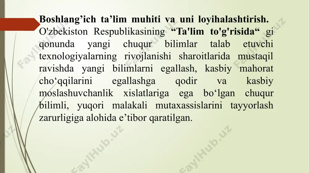 ayg’usiga sherik bo’la oladigan, ham bola qalbini biladigan, o’zi ham bir vaqtlar bola bo’lganligini hech qachon unutmaydigan kishi bo’lish demakdir. chinakam xalq o’qituvchisi hayotdan orqada qolmaydi, balki u hayot taraqqiyoti bilan birga boradi. xalqning eng ilg’or qismi bilan bir safda turadi. yosh avlodga ta’lim va tarbiya berishning murakkab vazifalarini muvafaqiyatli hal etish boshlang’ich sinf o’qituvchisiga, uning g’oyaviy e’tiqodiga, kasb mahoratiga, iste’dodi va madaniyatiga bevosita bog’liq. yosh avlodni ko’ngildagidek o’qitish va tarbiyalash haqida gap borar ekan, bu g’oyat murakkab va ma’suliyatli vazifani malakali, pedagogik mahoratli o’qituvchilarsiz tasavvur etish mumkin emas. “pedagogik mahorat nima?” degan savolga rus pedagogi k.d.ushinskiy so’zlari bilan aytganda, o’qituvchi qanday o’qitish kerakligini bilishi va buni nazariy jihatdanligiga emas, balki amaliy jihatdan ham bilishi lozim. o’qituvchining pedagogik mahorati, asosan darsda ko’rinadi. chunki dars o’zining mazmun, mohiyatiga ko’ra o’qituvchining maktabdagi eng asosiy, birinchi o’rinda tutgan ishidir”. mamlakatimizda ta’lim jarayonida yuz berayotgan tub o’zgarishlar har bir ta’lim sohasini jadallashtirishni talab etadi, …