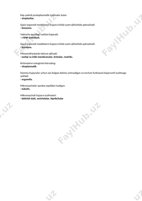 apikal yuzasida aksonema tutuvchi epiteliyni kòrsating…. - traxeyaning kiprikli epiteliysi. entodermadan hosil bòluvchi epitrliy… - ichak epiteliysi. qadahsimon hujayralar qaysi epiteliyda uchraydi.. -bir qavatli prizmatik jiyakli. epidermisda quyidagi qavat uchramaydi… -oraliq muguz pardaning oldingi yuzasi epiteliysi… - kòp qavatli yassi muguzlanmaydigan epiteliy tòqimasining xususiyatlariga kirmaydi: -qon tomirlar tutishi. terining epidermis qavatiga xos emas: -muguz qavat eng chuqur qavati. epiteliy tòqimaning vazifasiga kirmaydi: - immun himoya. regeneratsiya sust kechadigan epiteliy: - me'da osti bezining b-orolchalari epiteliysi. qaysi epiteliyda barcha hujayralar bazal membrana bilan aloqada bòladi: - bir qavatli kòp qatorli kiprikli. epitelial tòqimasiga xos: -jiyakli hujayralarning apikal yuzasi glikokaliks bilan qoplangan. epiteliy vazifasiga kirmaydi. -lg sintezi. epitelialiy hujayralarining maxsus organellalariga kiradi. -tonofibrillalar. qutbli differensialanish kuzatilmaydi. -epidermisning takanaksimon qavati. epiteliydagi tonofibrillalarning vazifasi nma. -tayanch. bazal membrana. notòĝri fikrni kòrsating. -faqat epiteliy hisobiga hosil bòladi. qaysi hujayralararo kontaktlar yot moddalarni kirishiga tòsqinlik qiladi. -zich kontakt òzgaruvchan epiteliyda qaysi qavat uchramaydi. - tikansimon. trombotsitlarning …