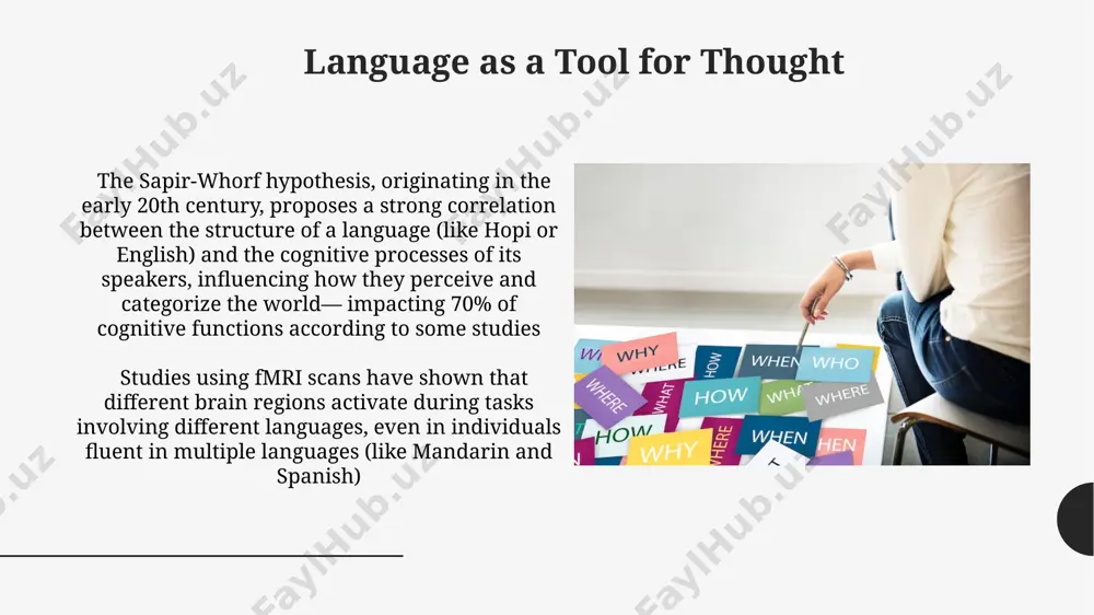 sycholinguistics in nijmegen, netherlands, indicates that bilingual individuals often exhibit enhanced executive functions, such as attentional control and task switching, likely due to the constant mental juggling of two distinct linguistic systems. the development of reasoning in children studies in the us show that by age 4, children demonstrate improved deductive reasoning skills, successfully completing approximately 70% of tasks involving simple syllogisms, indicating a developing understanding of logical connections between premises and conclusions. research from the university of oxford indicates that bilingual children often outperform monolingual peers on tasks requiring executive function and cognitive flexibility, demonstrating enhanced abilities in switching between tasks and suppressing irrelevant information by around age 6-7. thank you for your attention @taqdimot_robot image1.jpg image2.jpg image3.jpg image4.jpg image5.jpg image6.jpg image7.jpg image8.jpg image9.jpg image10.jpg image11.jpg image12.jpg image13.jpg image14.jpg image15.jpg