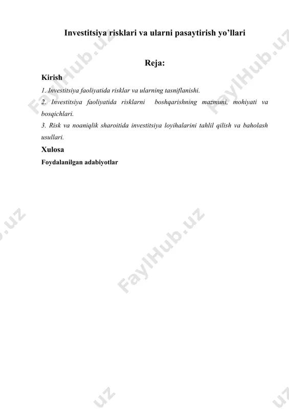 kumat va boshqalarning xarakatlari) va h.k. “risk” tushunchasiga juda yaqin bo’lgan “noaniqlik” tushunchasi riskning aniq turlarini tasniflash uchun sinonim sifatida qo’llaniladi. noaniqlik – bu investitsion loyihani amalga oshirish shart-sharoitlari xaqidagi ma’lumotlarning to’liq yoki aniq emasligidir. masalan, inflyatsiya xaqidagi, texnika-texnologiyalardagi o’zgarishlar haqidagi, loyiha quvvatining, ob’ektning qurilish va foydalanishga topshirish muddatlari, xarajat va natijalarning notug’ri hisob-kitob qilinishi kabi ma’lumotlarning to’liq yoki aniq emasligi natijasida noaniqlik yuzaga keladi. loyihani amalga oshirish jarayonida yuzaga kelish imkoniyati bilan bog’liq ko’ngilsiz holatlar va oqibatlar risk tushunchasi bilan izohlanadi. risk bilan noaniqlikning farqi shundaki, natijalar ehtimolligi joriy davr ma’lumotlari asosida baholanayotgan vaqtda risk e’tiborga olinadi. noaniqlik esa bunday ehtimollik o’tgan va kelasi davr ma’lumotlari etishmasligi yoki to’liq emasligi sababli sub’ektiv aniqlangan vaqtda e’tiborga olinadi. har qanday holda ham kelgusi iqtisodiy holatlar istiqbolini belgilash (inflyatsiya, foiz stavkasi, talab va taklif, ishlab chiqarish, sotish hajmi va boshqalar) kelajakning ma’lum emasligi sababli faqat taxminiy va noaniq natijalar bo’lishi mumkin. chunki …