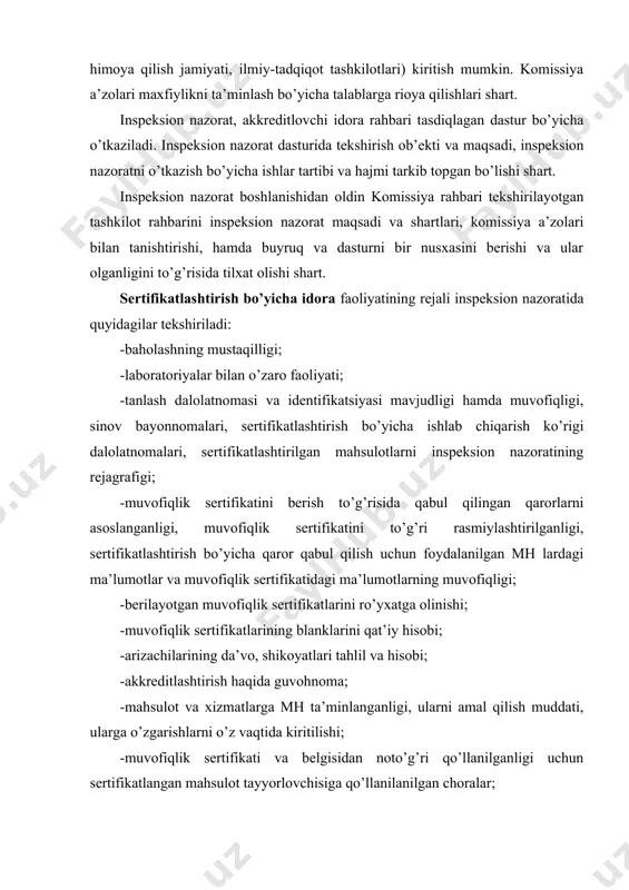 ertifikatlangan mahsulot tayyorlovchisiga qo’llanilanilgan choralar; -xodimlarning malakasi va layoqatligini muvofiqligi, bajaridigan vazifalari, xodimlarni attestatsiyalash va malakasini oshirishga taaluqli qabul qilingan faoliyati, lavozim va ishchi yo’riqnomalarning mavjudligi; -sertifikatlashtirish bo’yicha idora faoliyati va shuningdek laboratoriya xizmatlari bilan aloqador ma’lumotlarning maxfiyligini ta’minlanishi; -akkreditlashtirish idorasi, hamda uning qarorlarini bijarishda o’zaro faoliyati. laboratoriya faoliyatining rejali inspeksion nazoratida quyidagilar tekshiriladi: -sinov (o’lchash)larni o’tkazishda mustaqillik va xolisonalik; -akkreditlashtirish idorasi, sertifikatlashtirish bo’yicha idoralar va boshqa akkreditlangan sinov laboratoriyalari bilan o’zaro faoliyati va shuningdek, akkreditlashtiruvchi idoraning, laboratoriya faoliyati bilan aloqador qarorlarini bajarish; -laboratoriya akkreditatlashtirish sohasiga muvofiq, sinov bayonnomalarini mavjudligi va muvofiq rasmiylashtirilishi, to’liq va to’g’ri taqdim etilishi, ularni yuritish va saqlash tizimi; -arizachilarning da’vo, shikoyatlari tahlili va hisoboti; -akkreditlashtirish to’g’risidagi guvohnoma; -mahsulotlarga mhlarni ta’minlanganligi, ularni amal qilish muddati, ularga o’zgarishlarni o’z vaqtida kiritilishi; -xodimlarning malakasi va layoqatligini muvofiqligi, bajaridigan vazifalari, xodimlarni attestatsiyalash va malakasini oshirishga taaluqli qabul qilingan faoliyati, lavozim va ishchi yo’riqnomalarning mavjudligi; -inshoatning holati, inshoatning mikroklimatik parametrlarini …