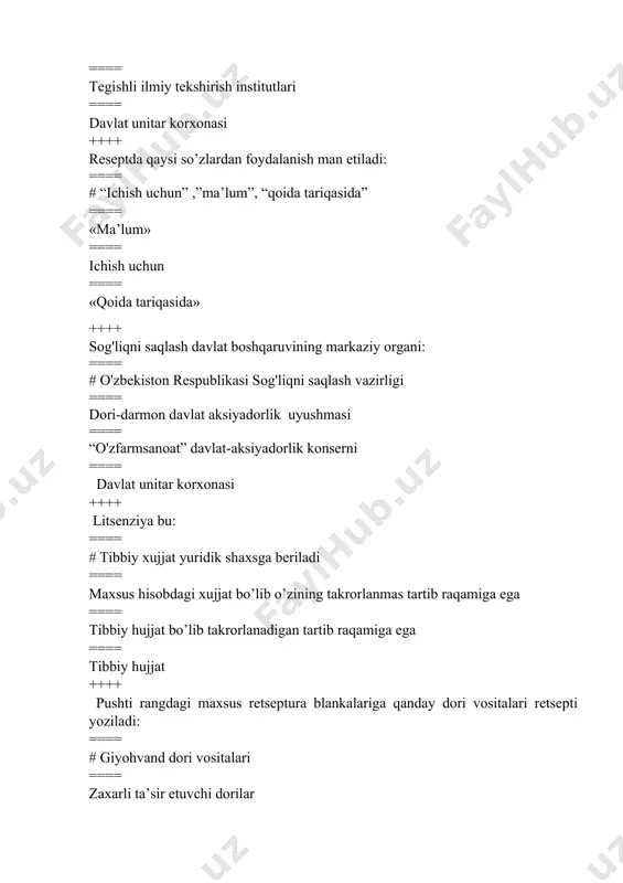 ari retsepti yoziladi: ==== # giyohvand dori vositalari ==== zaxarli ta’sir etuvchi dorilar ==== ambulatoriya sharoitida davolanishga muhtoj bo’lgan bemorlar uchun retsept ==== statsionar sharoitida davolanishga muhtoj bo’lgan bemorlar uchun retsept ++++ pushti rangli retsept blankasi bo’lib faqat giyohvand vositalari yozish uchun tavsiya etilgan retseptlar nechanchi ilovada ko’rsatilgan: ==== # 1-ilova ==== 2-ilova ==== 3-ilova ==== 4-ilova ++++ retsept tarkibida zaxarli, giyohvand, psixotrop moddalar va prekursorlar bo’lsa bunday dorilar retsepti nima qilinadi: ==== # dorixonada qoladi ==== bemorga signatura beriladi ==== bemorlarga bepul dori vositasi beriladi ==== shifokorga beriladi ++++ bitta blankada nechta dori vositasini nomini yozish mumkin: # faqat bitta ==== 2ta ==== 3ta ==== 2 va undan ortiq ++++ imtiyozli dori vositalari berish uchun retsept necha nusxada yoziladi: ==== # faqat bitta ==== 2 nusxada ==== 2va undan ortiq ==== 3 nusxada ++++ qanday holatlarda retsept yozib berish taqiqlanadi: ==== # o’zbekiston respublikasi sog’liqni saqlash vazirligi tomonidan tibbiyotda …
