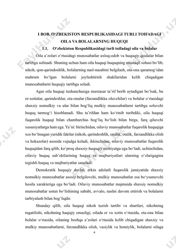 otin o‘rtasida, ota-ona bilan bolalar o‘rtasida, oilaning boshqa a’zolari o‘rtasida kelib chiqadigan shaxsiy va mulkiy munosabatlarni, farzandlikka olish, vasiylik va homiylik, bolalarni oilaga tarbiyaga olish tufayli kelib chiqadigan munosabatlarni, fuqarolik holati dalolatnomalarini qayd etish tartiblarini belgilaydigan huquqiy normalar yig‘indisidan iborat bo‘ladi. mamlakatimizda xotin-qizlarning huquq va qonuniy manfaatlarini himoya qilish hamda gender tenglikni ta’minlash tizimini takomillashtirish borasida kompleks chora-tadbirlar amalga oshirilmoqda. shu bilan birga, xotin-qizlarning iqtisodiy, ijtimoiy va siyosiy faolligini oshirish, ularni kasbga o‘qitish va bandligini ta’minlash, og‘ir turmush sharoitidagi xotin-qizlarni qo‘llab-quvvatlash hamda gender tenglikni ta’minlash dolzarb vazifalar hisoblanadi.[footnoteref:3] [3: https://lex.uz/ru/docs/-6148240] oila va xotin-qizlar, mahalla va nuroniylarni qo‘llab-quvvatlash sohasidagi davlat boshqaruvi organlari qayta tashkil etilganligi munosabati bilan qonunchilik hujjatlarini muvofiqlashtirish maqsadida o‘zbekiston respublikasi prezidentining “oila va xotin-qizlar bilan ishlash, mahalla va nuroniylarni qo‘llab-quvvatlash tizimini takomillashtirish chora-tadbirlari to‘g‘risida” 2022-yil 1-martdagi pf-81-son, “oila va xotin-qizlarni tizimli qo‘llab-quvvatlashga doir ishlarni yanada jadallashtirish chora-tadbirlari to‘g‘risida” 2022-yil 7-martdagi pf-87-son farmonlari, “oila va xotin-qizlar davlat qo‘mitasi faoliyatini …
