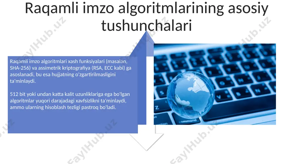 sizlikka ta'sirini o'rganish muhimdir. ba'zi mamlakatlarda, masalan, 512 bitli kalit uzunligiga ega bo'lgan eski algoritmlar hali ham qo'llanilmoqda, bu esa ularning zamonaviy tahdidlarga nisbatan zaifligini ko'rsatadi va yangilanish zarurligini ta'kidlaydi. ecc algoritmi tahlili tahlillar natijasida ecc algoritmlarining turli xil hujumlarga nisbatan chidamliligi, xususan, diskret logaritmlarni hisoblashga qarshi himoyalanish darajasi o'rganildi va 384 bitli kalit uzunligi yuqori xavfsizlik darajasini ta'minlash uchun tavsiya etildi. ecc algoritmlarining tahlili shuni ko'rsatdiki, 256 bitli kalit uzunligi bilan ta'minlangan xavfsizlik darajasi 128 bitli simmetrik kalitga teng keladi. dsa algoritmi tahlili dsa algoritmining imzo tasdiqlash jarayoni yig'indisi va modulo operatsiyalarini o'z ichiga oladi, bu esa imzo tekshiruvining nisbatan tezkorligini ta'minlaydi. dsa algoritmining xavfsizlik darajasi 1024 bitli kalit uzunligidan ancha yuqori boʻlib, 2048 yoki undan yuqori bitli kalitlar zamonaviy kompyuterlarning hisoblash quvvatiga qarshi yuqori darajada himoya ta'minlaydi. e'tiboringiz uchun rahmat @taqdimot_robot image4.jpg image5.jpg image6.jpg image7.jpg image8.jpg image9.jpg image10.jpg image11.jpg image12.jpg image13.jpg image14.jpg image15.jpg image16.jpg image17.jpg image3.png image18.jpg image19.jpg …