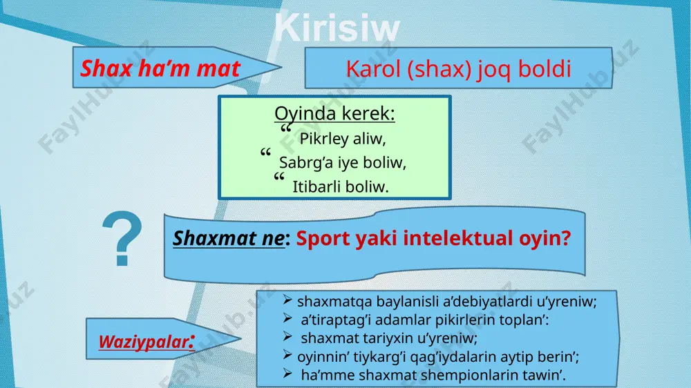 túrli xalıq aralıq jarıslardı shólkemlestiriw 1924 jıl 20 iyulda parijde sho’lkemlestirilgen óz bayraǵi hám gimni bar, fide uranı : «biz hámmemiz bir shańaraqpız » fide ma’xqetleri: bul milliy shaxmat federatsiyalarin birlestirgen xalıq aralıq sport shólkemi shaxmat boyınsha jáhán chempionlari shaxmatti ǵalabalastırıw : vilgelm shtaynits shaxmat boyınsha birinshi jáhán chempionı boldı taǵı : shaxmat taxtasi hár bir kletkanıń óz atı bar kletkalar etiketlanadi: gorizontal túrde latin háriplerinde a dan h ge shekem, vertikal túrde 1 den 8 ge shekem nomerlerde tómennen joqarıǵa. aq taslar oyındı baslaydı. háreketler gezek penen ámelge asıriladı, hár biri 1. hár bir bólektiń háreketi tómendegi diagrammalarda kórsetilgen. hár bir bólek óz háreket qaǵıydalarına iye. oyındıń tiykarǵı qaǵıydaları : shax háreketi xanzada háreketi at háreketi fil háreketi tuwra háreketi 10 oyındıń tiykarǵı qaǵıydaları : eger shax qadaǵalawda bolsa hám basqa háreketler bolmasa, bul mat bolıp tabıladı. eger oyınshı óz gezeginde háreketke iye bolmasa, lekin patsha qadaǵalawda bolmasa, bul …
