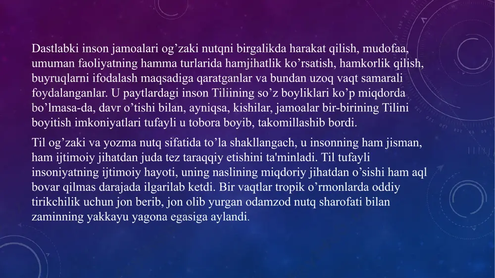miyatning o‘zaro uzviy munosabatini sotsiolingvistika fani o‘rganadi. tilning paydo bo‘lishi va rivojlanishi insoniyat jamiyati bilan mustahkam bog‘liq. til insoniyat tarixi qadar qadimiydir. umumiy til tushunchasining shevadan farqi bor: til butun bir xalqqa xizmat qiladi, sheva esa xalqning bir guruhigagina taalluqlidir. til ko‘p vazifali, hamma uchun umumiy bo‘lgan aloqa-munosabat vositasidir; sheva esa, vazifa nuqtai nazaridan chegaralangan bo‘lib, tilning nutqiy ko‘rinishini tashkil etadi. dialektlar urug‘chilik davridan boshlab, jamiyat taraqqiyotining keyingi bosqichiga qadar son jihatdan ko‘payib boradi. bu qabilalarning yashash tarzi bilan bog‘liq. avval bir qabila ittifoqiga kirgan tillar markazdan uzoqlashgan sari ulardagi dialektal farq orta boradi va bu dialektal farqlar oxir-oqibatda yangi til paydo bo‘lishi uchun asos bo‘ladi. dialektlar sonining ko‘payishi va ular asosida yangi-yangi tillarning vujudga kelishi til taraqqiyotining differensiatsiya jarayonini tashkil qiladi. differensiatsiya tillarning dialektlarga parchalanishidir. har bir millat o‘z adabiy tilining mustahkamlanishi uchun harakat qiladi. jamiyat taraqqiyotining keyingi bosqichlarida dialektlar kamayib, adabiy tilga yaqinlasha borishi kuzatiladi. buni adabiy til …
