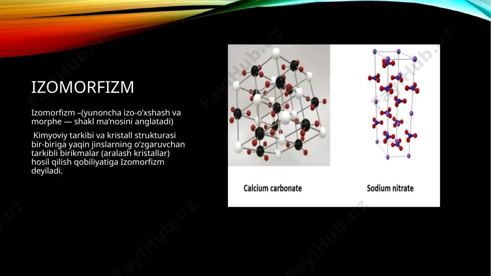 urakkab bo‘lgan, ya’ni turli valentli elementlarning o‘rin almashishi bilan sodir bo‘ladigan izomorfizm, buni geterovalent izomorfizm deyiladi. elementlarning atom va ionlari qay miqdorda izomorf o‘rin almashishiga bog‘liq ravishda, izomorfizm mukammal yoki chegaralangan bo‘lishi mumkin. bir elementning o‘rnini ikkinchi bir element 100% gacha bo‘lgan miqdorda almashtirib egallasa u holda mukammal izomorfizm, agarda bir element ikkinchi bir elementning o‘rnini qisman ya’ni 0,01% dan bir necha protsentgacha egallasa u holda chegaralangan izomorfizm yuzaga keladi bir elementning o‘rnini ikkinchi bir element qisman egallagan holda, formulada bu elementlar qavs ichiga olinib, vergul orqali ajratiladi. ko‘proq protsentni tashkil qilgan element avval yoziladi. bunga misol qilib volframit (fe, mn)[wo4] mineralini olsak, bu mineral ferberit (fe[wo4]) bilan gyubneritning (mn[wo4]) izomorf aralashmasidan iborat. bu bir xil valentli elmentlarning o‘rin almashishiga, ya’ni izovalent izomorfizmga misol bo‘lad izomorfizmning ikkinchi mukammal bo‘lgan turi, geterovalent izomorfizmga, ya’ni turli xil valentli elementlarning o‘rin almashishi bilan sodir bo‘ladigan izomorfizmlarga dala shpatlari gruppasidagi plagioklazlarni misol qilib ko‘rsatish …