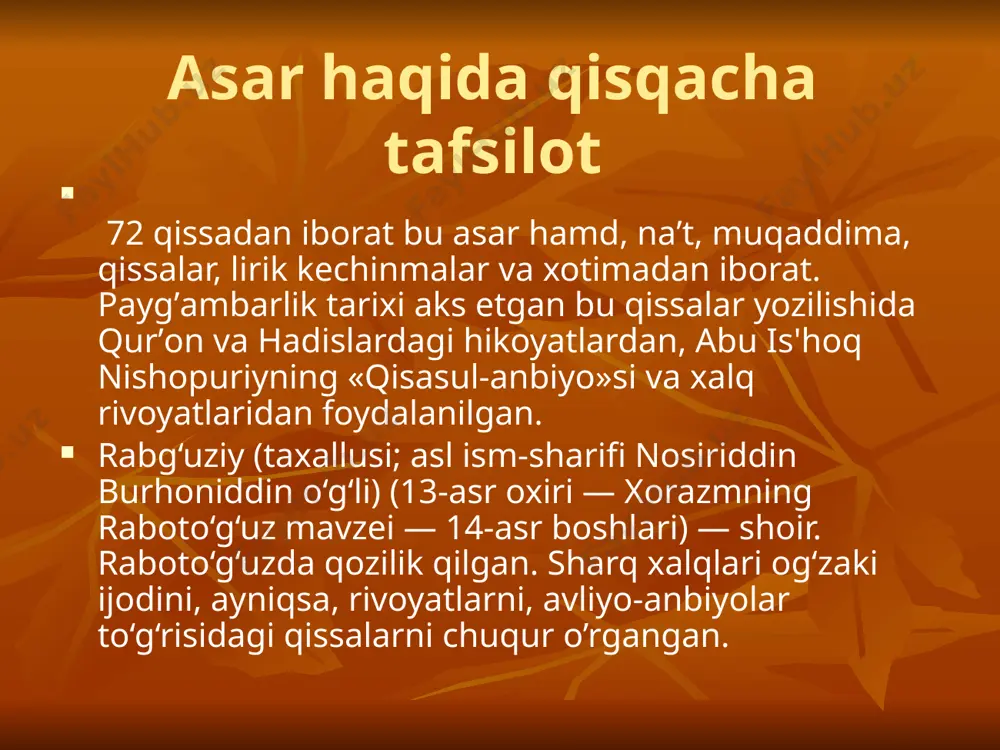 l anda jufti birla ovunub, ichti sharbat sig'raqinda yedi ne'mat tarkidin. mundi ujmohning buroqin kezdi aning tegrasin, hulla kizdi egniga ham boshg'a urdi bo'rkidin. ozdi iblis makri birla biruk erdi yolg'uzin, ikki bug'doy yedi chiqti sekkiz ujmoh mulki. qissasi odam safiy alayhis-salom qissasi nuh nabiy alayhis-salom kun tug'ardin kun botarg'a nuh yalovoch da'vati, ellik o'ksuk ming yil erdi ul risolat muddati. kecha -kunduz o'zi yolg'izqazg'u, emgak yuklanib so'z eshitmaz kofir aro kunda ortdi zahmati. haqqa "rabbi lotazar" deb yalborib qildi duo, bu ijobatda duodin qirq yil erdi muhlati. din uchun ko'p qin tortib yuritu haq yorliqni, bizga so'kunch emgak ichra qolmadi hech toqati. "vasna' al-fulka" amri birla yo'ndi uch kat bir kemi ani mundi etdi ersa xalqqa to'fon haybati. yagdi yamg'ur,esdi yellar,ostun-ustun olti oy, ko'rsa mundog' mundinortuq mavlomizning qudrati, o'zi qoldi uch o'g'il ham uch kelinlar etagu, barcha o'ldi yub tugandi kufru zulmat bid'ati. qissasi hud alayhis-salom nuhda kezin hud …