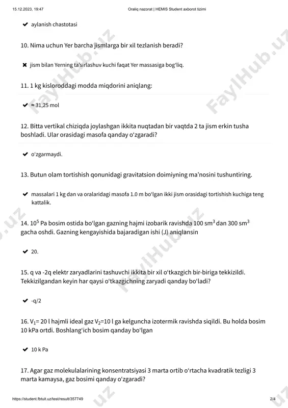 oʻtkazgich bir-biriga tekkizildi. tekkizilgandan keyin har qaysi oʻtkazgichning zaryadi qanday boʻladi?  -q/2 16. v = 20 l hajmli ideal gaz v =10 l ga kelguncha izotermik ravishda siqildi. bu holda bosim 10 kpa ortdi. boshlangʻich bosim qanday boʻlgan 1 2  10 k pa 17. agar gaz molekulalarining konsentratsiyasi 3 marta ortib oʻrtacha kvadratik tezligi 3 marta kamaysa, gaz bosimi qanday oʻzgaradi? 15.12.2023, 19:47 oraliq nazorat | hemis student axborot tizimi https://student.fbtuit.uz/test/result/357749 3/4  3 marta ortadi 18. ballondagi ideal gazning yarmi chiqarib yuborilishi natijasida uning temperaturasi 670c dan 7°c gacha pasaygan boʻlsa, ideal gaz ichki energiyasi necha marta kamayadi?  1,2. 19. agar inersial sanoq^ tizim iga nisbatan harakatdagi jisrarga ta ʼsir etuvchi k uchlarning vektor yigʻindisi nolga te n g boʻlsa, jism ning h arak at traektoriyasi qanday boʻlacu?  toʻgʻri chiziq. 20. qaysi termodinamik jarayonda ideal gazga berilgan issiqlik miqdori toʻliq holda gazning ichki energiyasiga aylanadi? …