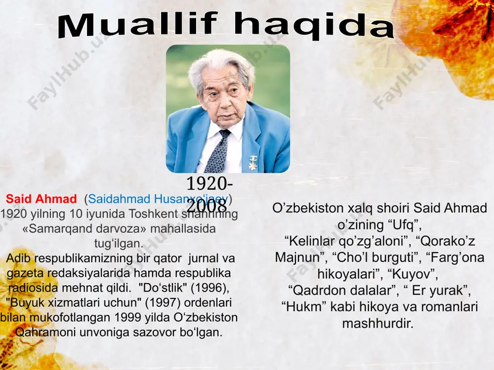 arning matonati haqida quyidagicha ta`rif berilgan: “insonni yo`q qilish mumkin, ammo uni yengib bo`lmaydi”. chol timsolida sabr matonat hech qachon yegilmaslik chidam men nima uchun bu kitobni o’qishni tavsiya etaman? xemingueyning “chol va dengiz” asari barcha insonlar uchun hayotning barcha qiyin damlarida ham ta`slim bo`lmasligini ko`rsatib beradi. shuningdek insonning har ishga sabr va matonat bilan erishishi, hayot yo`lining baland pastliklari mavjud ekanligini ajoyib tarzda yoritib bergan. xulosa qilish mumkinki bu asar jahon adabiyotining eng yaxshi asarlari bilan bemalol bellasha oladi. men bu asarni o`qishni boshqalarga ham ta`fsiya etaman. chol va dengiz 1. hech qachon yengilmaslik 2. chidam 3. matonat 4. sabr robinzon kruzo 1. iroda 2. matonat 3. sabr 4. muvaffaqiyat venn diagrammasi asosida asarlarni solishtirish 4-3 3-2 м.ю.лермонтов роман “герой нашего времени” биография автора: михаил лермонтов: сопоставляя творческий багаж михаила лермонтова с количеством прожитых лет, становится понятно, что перед нами гений. в 10 он сочинял пьесы для домашнего театра, …