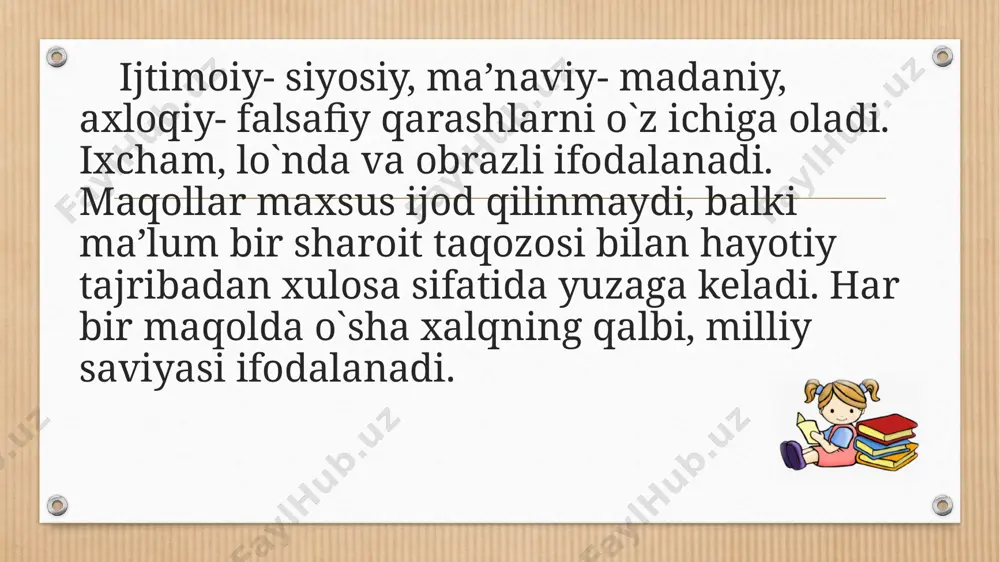 i o`stirishda katta ahamiyatga ega. ular o`ziga xos mazmunni va maqsadni ifodalash shakli bilan bolalarni ziyraklikka, kuzatuvchanlikki o`rgatadi ularning qobiliyatlarini o`stiradi. ular o`ziga xos mazmunni va maqsadni ifodalash shakli bilan bolalarni ziyraklikka, kuzatuvchanlikki o`rgatadi ularning qobiliyatlarini o`stiradi. image4.png image5.png image6.png image7.jpeg image8.png image3.png /docprops/thumbnail.jpeg