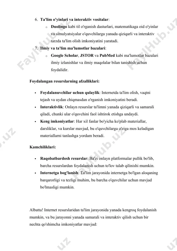 izual tarzda tushuntirishni afzal ko'radigan o'quvchilar uchun juda foydalidir. · podkastlar: talabalar uchun soha bo'yicha podkastlar tinglash, yangi mavzularni o'rganish va izlanishlar uchun samarali vosita bo'lishi mumkin. masalan, the edsurge podcast ta'lim texnologiyalari va innovatsiyalarini o'rgatadi. 5. virtual laboratoriyalar va simulyatsiyalar: · phet interactive simulations: bu platformada talabalar turli fanlar bo‘yicha (fizika, kimyo, biologiya va boshqalar) virtual laboratoriya mashg'ulotlarida ishtirok etishlari mumkin. o‘quvchilar tajriba o‘tkazish, nazariy bilimlarni amaliyotda qo‘llash imkoniyatiga ega bo‘ladilar. · labster: bu platforma yordamida talabalarga ilmiy laboratoriyalarni onlayn o‘rganish va tajriba o‘tkazish imkoniyati yaratiladi. 6. interaktiv darslar va mashg'ulotlar: · zoom, microsoft teams, google meet kabi video konferensiya platformalari yordamida masofaviy ta'lim olishda o‘quvchilar interaktiv tarzda ishtirok etishlari mumkin. o‘qituvchilar darsni jonli tarzda o‘tkazishlari, talabalar esa savollar berishlari mumkin. · padlet: bu interaktiv ta'lim platformasi yordamida o‘quvchilar o‘z fikrlarini, g‘oyalarini yoki yoritish istagan mavzularini bir joyda jamlashlari mumkin. 7. ta'lim gamifikatsiyasi: · kahoot!, quizizz kabi o'yin asosidagi …