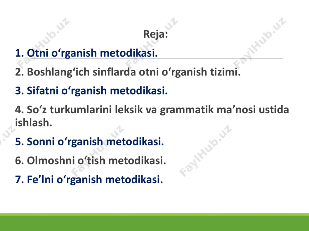 riladi:  o‘quvchilar otlaning egalik va kelishiklar bilan o‘zgarishini, sifat va sonning gapdagi vazifasi, kishilik olmoshlari va ularning kelishiklar bilan turlanishini, fe’llarda shaxs-son va zamonni o‘rganadilar. infographic style o‘quvchilarning og‘zaki va yozma nutqini o‘stirish lug‘atini yangi ot, sifat, son, fe’llar bilan boyitish o‘quvchilar shu vaqtgacha foydalanib kelayotgan so‘zlarning ma’nosini aniq tushunishga erishish o‘quvchilarning og‘zaki va yozma nutqini o‘stirish bog‘lanishli nutqda u yoki bu so‘zdan o‘rinli foydalanish malakasini o‘stirish so‘z turkumlarini o‘rganishdagi asosiy vazifa: otni o’rgatish metodikasi  otni o‘rganishga tayyorlov bosqichi savod o‘rgatish davriga to‘g‘ri keladi.  bu bosqichda o‘quvchilar predmetlarni va ularni nomi bo‘lgan so‘zlarni farqlashga o‘rganadilar.  so‘zning lekik ma’nosi (har bir so‘z ma’no bildirishi)ga e’tibori oshiriladi, ma’nolarni hisobga olgan holda so‘zlar (qushlar, meva va sabzavotlar va hokazolarni bildirgan otlar)ni guruhlash ko‘nikmasi shakllantiriladi.  so‘zlarni leksik ma’nosi asosida gruppalash mashqlari otlarni taqqoslash, o‘xshash tomonlarini aniqlash, mavhumlashtirish ko‘nikmasini o‘stiradi. keyingi bosqichda otning leksik ma’nolari va grammatik belgilari ustida maxsus …