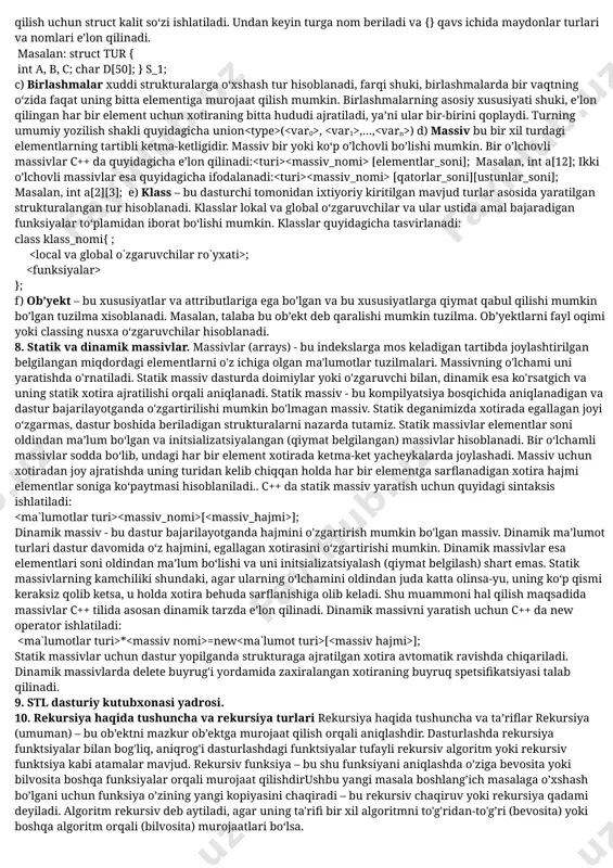 ng o'zgaruvchanligi bo'yicha: • statik tuzilmalar - dasturni bajarish oxirigacha o'zgarmaydigan tuzilmalar (yozuvlar, massivlar, satrlar, vektorlar); • yarimstatik tuzilmalar - statik ma'lumotlar va boshqaruv xotirasi bilan tavsiflanadigan tuzilmalar, bu dinamik taqsimotga ega kirish diskriptoriga bog'liq (steklar, pastki qavatlar, navbatlar); • dinamik tuzilmalar - dastur bajarilganda to'liq o'zgarish yuz beradi. tuzilishning tartibliligi bo'yicha: • chiziqli (vektorlar, massivlar, stakalar, pastki qavatlar, yozuvlar) • chiziqsiz (ko'p bog'langan ro'yxatlar, daraxt tuzilmalari, grafikalar). tuzilishning murakkabligi darajasi bo'yicha: • oddiy – standart turdagi dasturlash tillarining oddiy o'zgaruvchilari yoki konstantalari, shuningdek bir xil turdagi dinamik o'zgaruvchilar; • bir xil turdagi ma'lumotlar to'plamlari – massivlar, bitta va ko'p o'lchovli; • har xil turdagi ma'lumotlar to'plamlari – yozuvlar va sinf ob'ektlari, shuningdek shunga o'xshash tuzilmalar; • ichki aloqalarga ega dinamik tuzilmalar – ro'yxatlar, daraxtlar, graflar. 5. ma'lumot tuzilmalar ustida asosiy va maxsus amallar. maʼlumot tuzilmalar ustida toʼrtta asosiy amallar bajarilishi koʼzda tutilgan: yaratish, oʼchirish, tanlash (ruxsat), yangilash. yaratish amali …